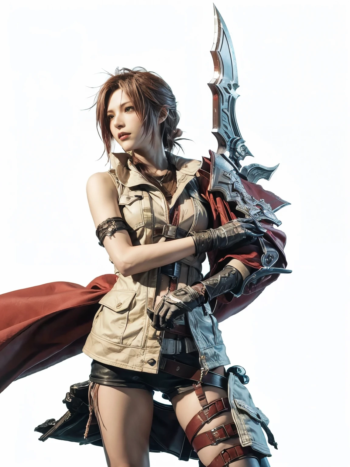 Arafe female character with a sword and a red cloak, Final Fantasy character, from Final Fantasy, from Final Fantasy xiii, Final Fantasy, Final Fantasy, Final Fantasy, Final Fantasy fan art, Final Fantasy style, Final Fantasy artwork concept, female protagonist, from Final Fantasy vii, Final Fantasy 1 2 style, square Enix, Final Fantasy face, From FF7