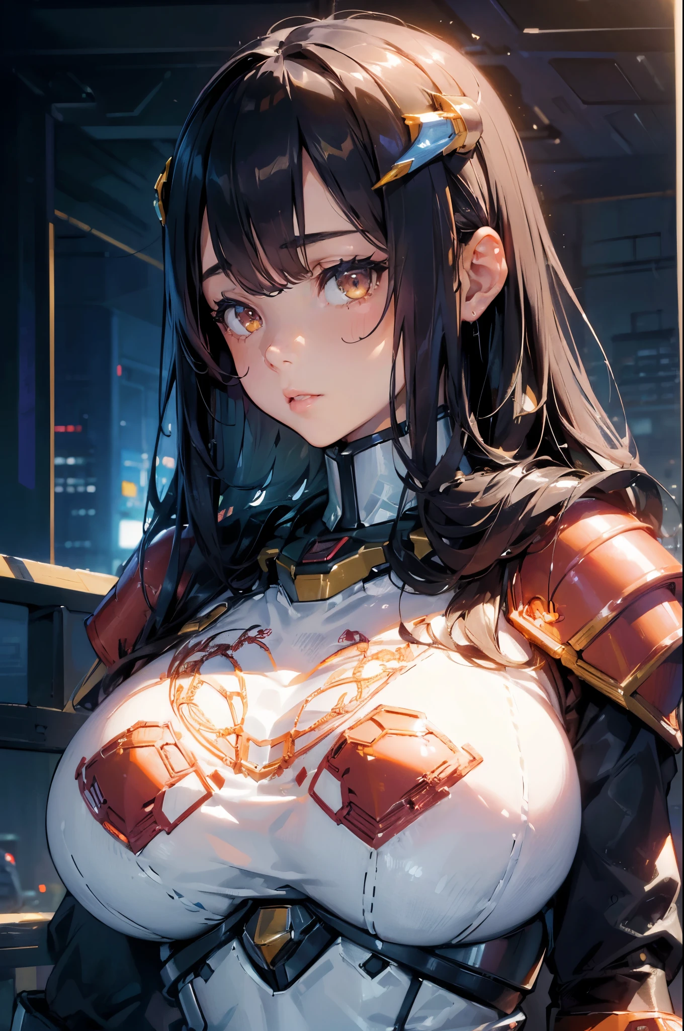 ((1 girl:1.5),(Embroidery control body:1.5),Big breasts,(Mecha armor:1.5)),(Highest image quality, Excellent details, ultra high resolution, (realism: 1.4), best illustrations, Offer details, highly condensed 1 girl,(sense of presence:1.5),(Dynamic:1.5),(bold:1.5)),(thinning hair:1.8),(straight hair:1.5),(Sweep long bangs:1.5),(Ultra light copper amber hair),((hair covering one eye:1.2)),stretch,The background is a high-tech light scene of a futuristic city，（（huge breasts）），Grooves reveal original skin