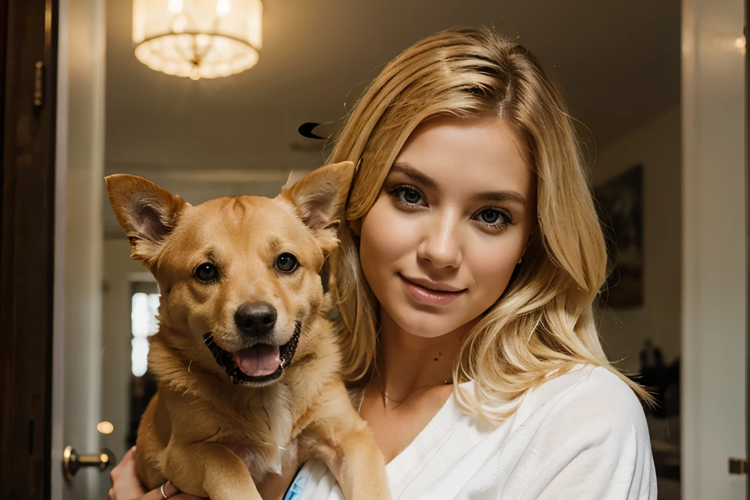 blonde woman holding a DOG in her hand