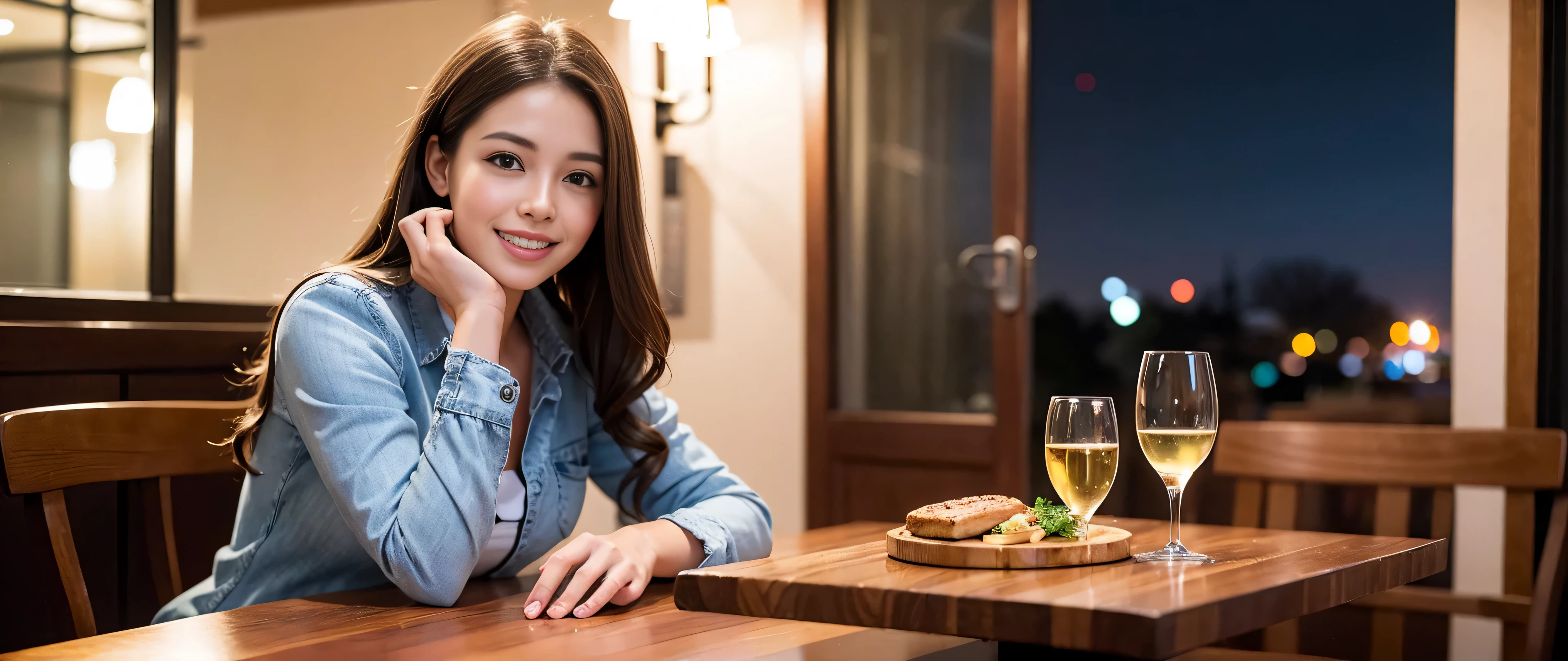 K, Hmm, highest quality, masterpiece: 1.2), (realistic, photorealistic: 1.37), Super detailed, 3 slim beauties, (slim face),Happy、 the best smile、Fox face、Berry Short、(because I&#39;thin), (brown hair), (shortcut), long sleeve shirt、winter fashion、Colombian、Brazilian、Japanese、Dutch、German、Portuguese、Belgian、Italian、French,Champagne、sparKling wine、 (gush out), (slim body), (brown hair), (shortcut), neat beauty、cheeKs turn a little red, (35 years old), 38 years old, alone, A beautiful and detailed night view spreads out outside the window...., restaurant, wine glass is sitting, At night, in a prominent place (from the Upper body) nova frog style, actress, model, Upper body, White wine, slim, wine glass, Very beautiful night view, wine glass Put in the Middle, Happy smile, (smile: 1.15), 