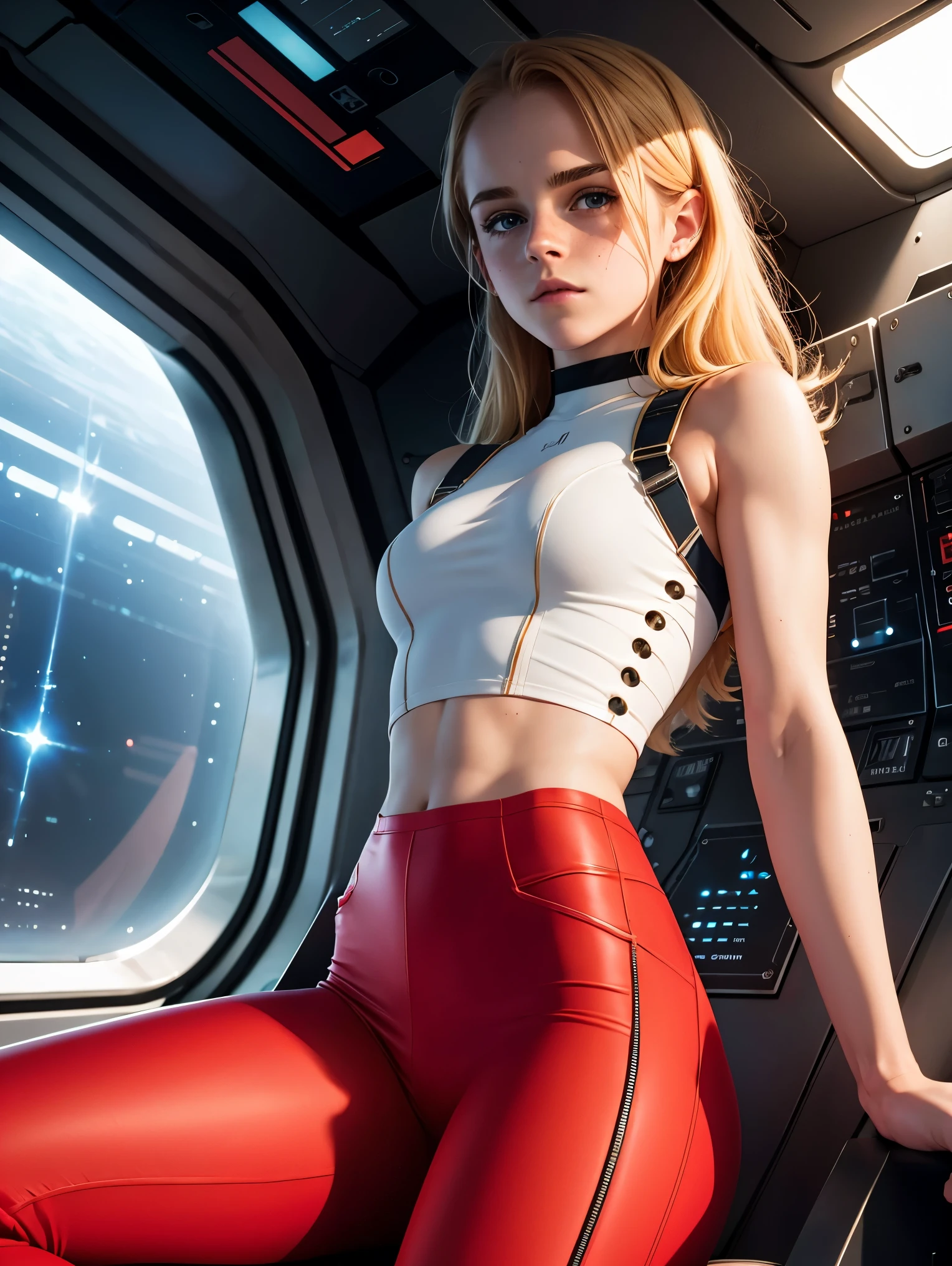 emma watson dressed in a plugsuit of evangelion blonde. freckles. sparkly blue eyes that speak of innocence and acceptance. Slender frame and beautiful figure. tight red pants. crop top. reading while lying outside a spaceship. ripped clothes exposing muscle. sci-fi.