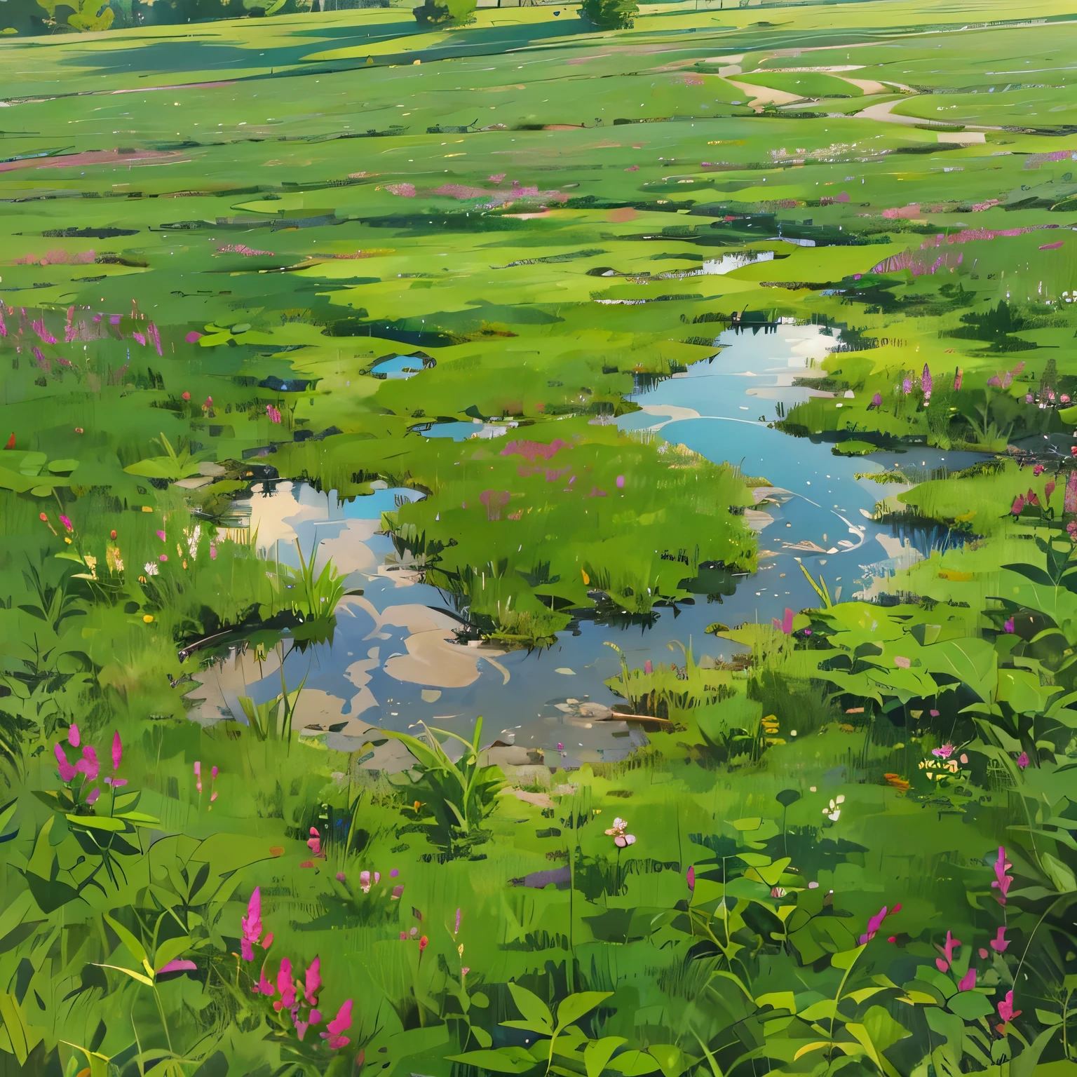 puddle on the animal trail、Grassland around