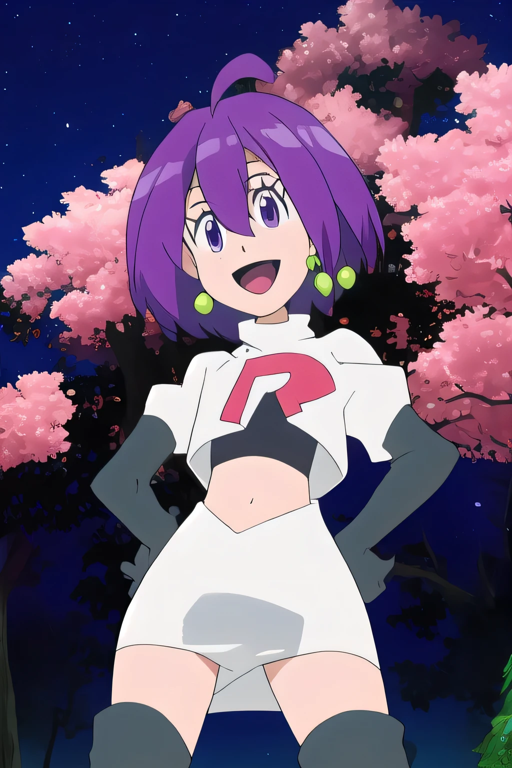 8k, masterpiece,highres, team rocket uniform, red letter r, white skirt,white crop top,black thigh-high boots, black elbow gloves, smiling, looking down at viewer, hands on hips, cowboy shot, zettai ryouiki,from below, black panties,anime style, vivid colors, sharp focus, intense lighting,maple, 1girl, solo, long_hair, looking_at_viewer, short_hair, bangs, black_hair, hair_between_eyes, jewelry, very_long_hair, purple_eyes, purple_hair, ahoge, :d, sidelocks, earrings, outdoors, sky, shiny, shiny_hair, flat_chest, dated, tree, petals, night, floating_hair, cherry_blossoms, short_hair_with_long_locks,