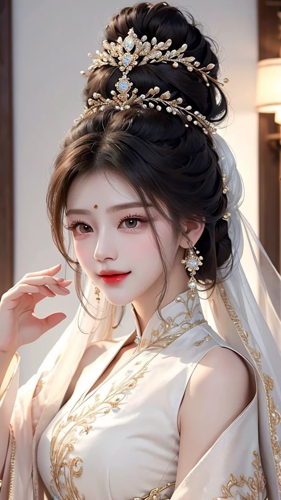 She has her hair in a high bun，Wearing an exquisite hair accessory，Wearing a flowing long skirt，Her charming eyes and charming smile make her exude heart-stirring charm.。Sexy yet charming