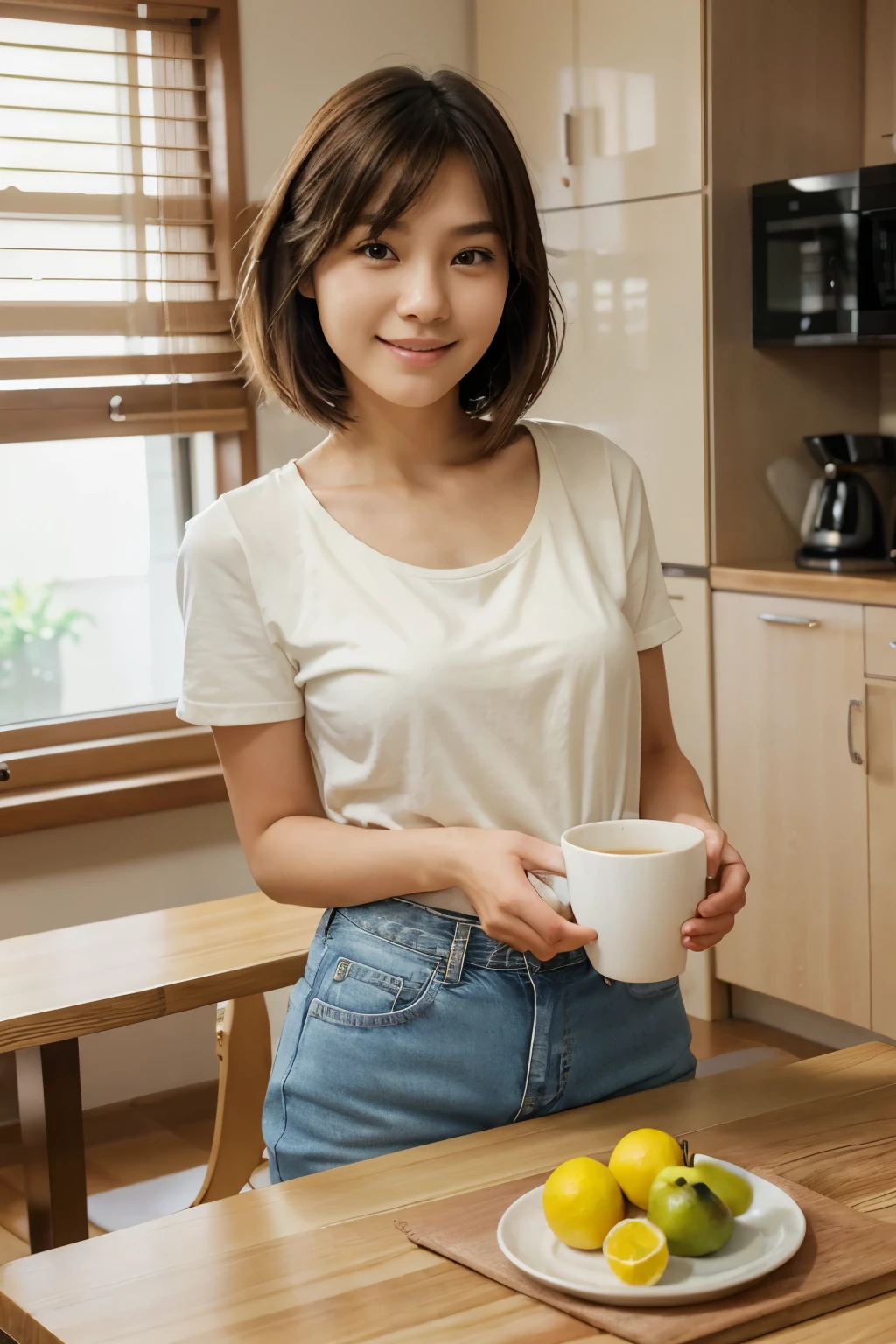 lifelike,The background is a shallow depth of field effect,White tiles kitchen background,,Light wood grain dining table,There are some fruits on the table,top quality,Real 18-year-old Japanese woman,fair skin,short hair,Air bangs,Natural smile,Eyes will smile,round face,with small nose,Wearing light yellow clothes,light color jeans trousers,Woman hand holding mug,facing the camera,The woman is on the right side of the screen,The generated subject is the dining table