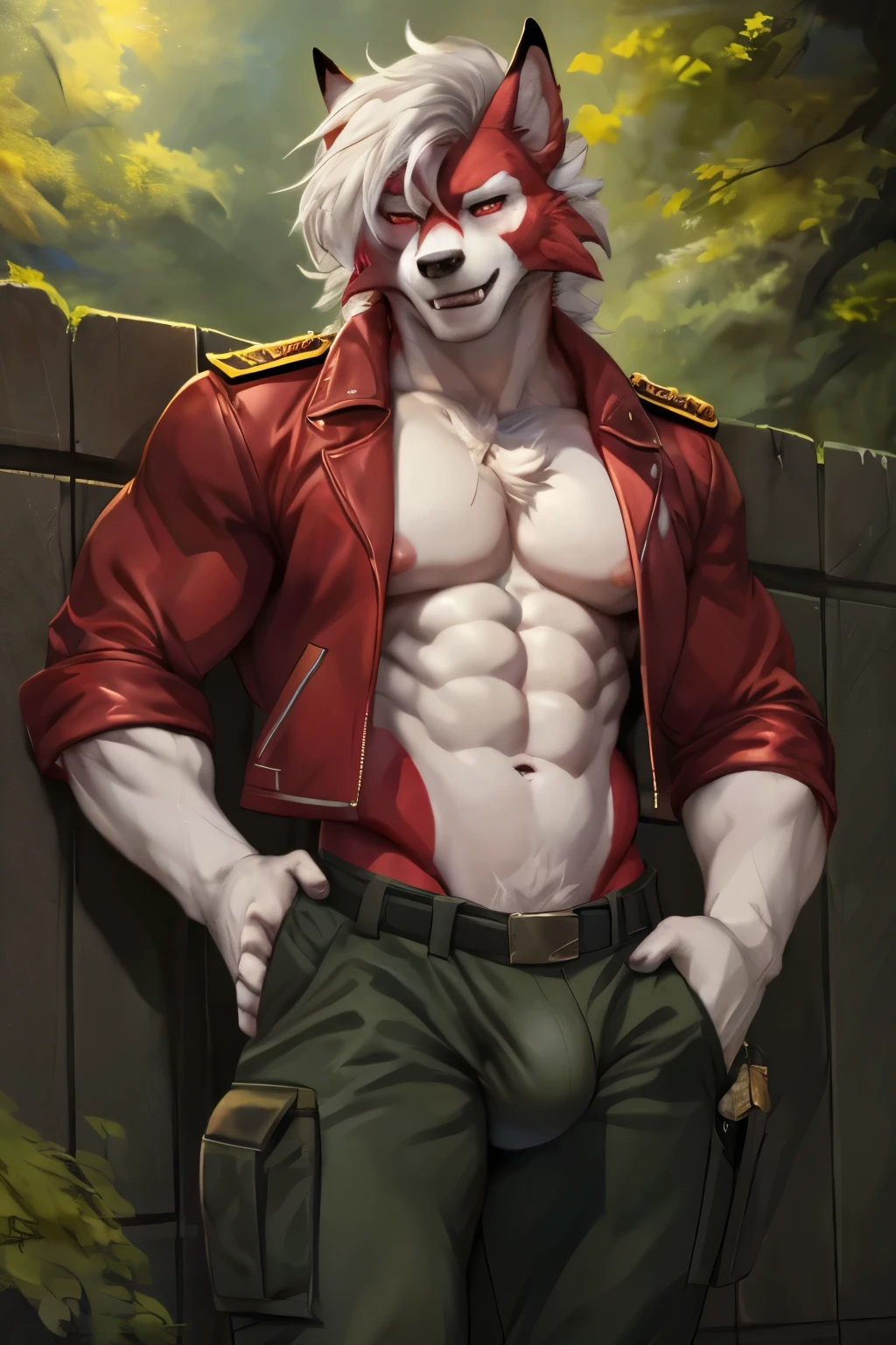 2d, masterpiece, best quality, 4k, 8k, ultra highres, hdr raw photo, sharp focus, photo realism, real life, detailed forest or backyard background, den wolf, (pokemon_lycanroc), male, muscular, (standing posing sensually and leaning against the wall of the house), (wearing military clothes, military clothes, ((jacket has an AK-47 gun on the back)), large bulge in pants, white fur, blush, mischievous expression, (arms resting on hip), (big pink nipples), passionate, muscular man, showing his fangs, sweat, detailed background, high resolution, perfect red eyes, (by null-ghost, by thebigslick, by darkgem, by honovy)
