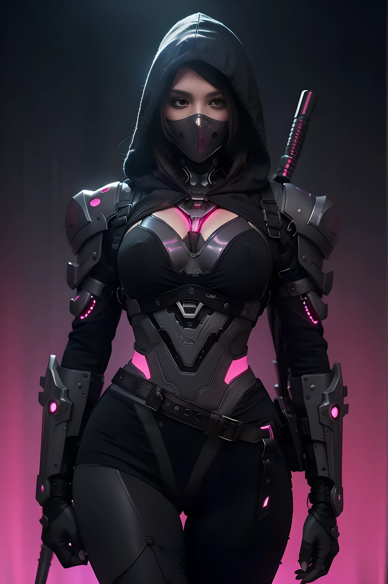 a close up of a person in a black and pink outfit, cyberpunk anime girl mech, female cyberpunk anime girl, cyberpunk anime girl in hoodie, anime cyberpunk art, cyberpunk assassin, cyberpunk anime girl, very beautiful cyberpunk samurai, girl in mecha cyber armor, clothed in stealth armor, digital cyberpunk anime art, dark cyberpunk illustration, streamlined pink armor