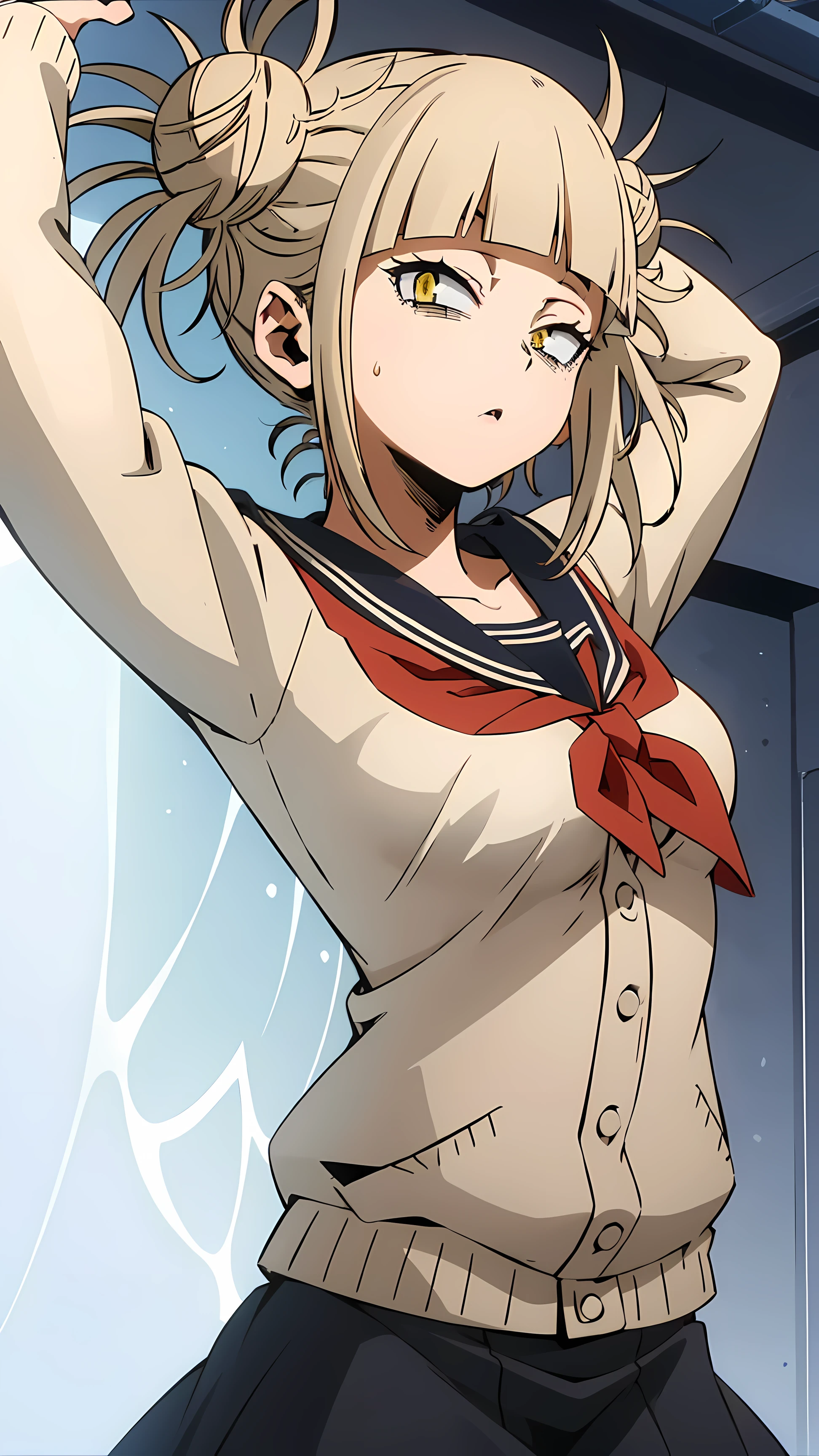 himikotoganova, (1girl, solo), blonde hair, double bun, messy hair, bangs, (perfect eyes, yellow eyes), serafuku, bags under eyes, (close mouth), blue skirt, long sleeves, red neckerchief, breasts, arms behind head, looking at viewer,  upper body 