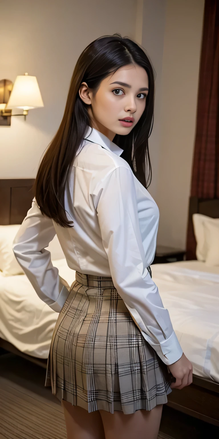 ((masterpiece:1.4))、((muste piece:1.4))、((hotel bedroom:1.4))、((long black hair woman:1.4))、((Standing wearing a short pleated skirt with a light brown plaid pattern:1.4))、 ((cowboy shot:1.4))、((shot from behind:1.4))、((Wearing a white long-sleeved collared dress shirt:1.4))、((white shirt:1.4))、((small breast:1.4))、((Light brown plaid miniskirt that highlights the thighs:1.4))、((look at the audience、A woman with a scared expression:1.4))、