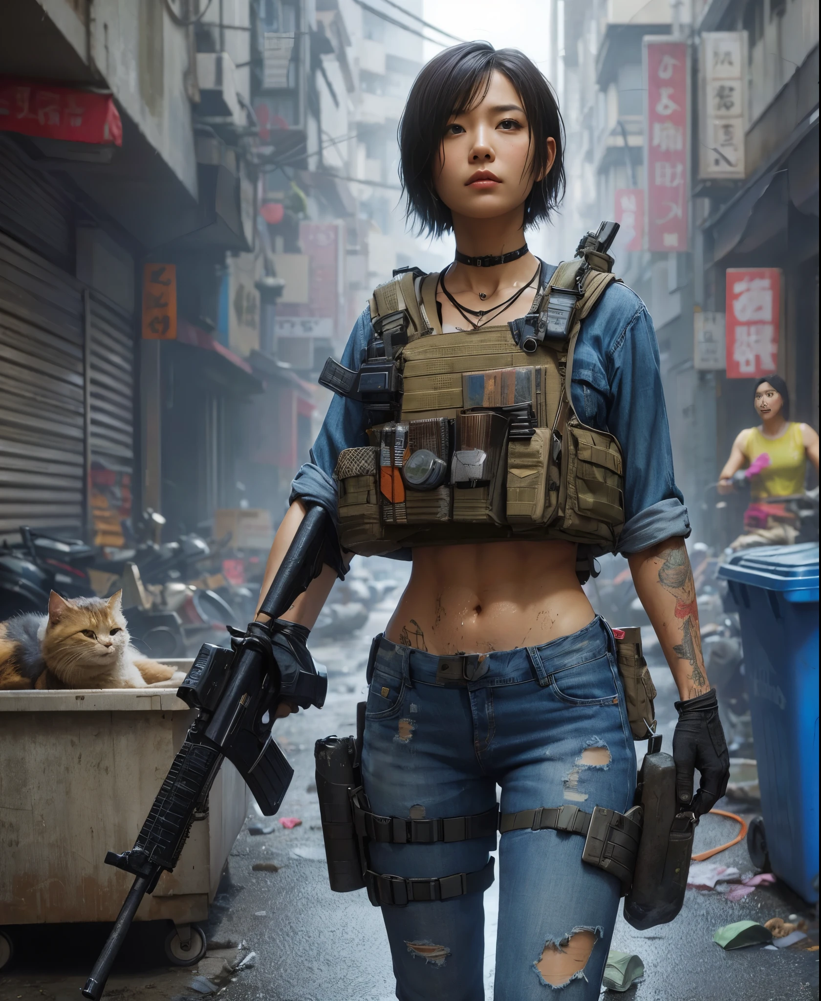  ８K,realistic photo、realistic skin texture、Beautiful Japanese women living in America、back alley in the city、garbage scattered on the street、Garbage can、stray cat、dirty shirt and jeans、nike air force 1 sneakers、bulletproof vest、automatic rifle、short cut hair、urban warfare、involved in an incident、Counterattack begins、It is dirty、moving action pose、、Dramatic and bold composition、Half body、muscle、Zoom out、fiction、Bird&#39;s-eye view