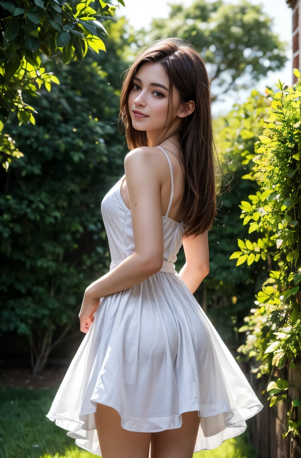 (Even in a dress, backlighting highlights your body silhouette.),exterior background,Photo brute,best quality, chef-d'artwork,high resolution,detailed,(photorealistic:1.4),Well-defined contours,belle jeune femme,beau visage parfait,(souriant doucement:1.2),corps parfaits,bras parfaits,doigts parfaits,jambe parfaite,Des cheveux parfaits,pores,texture de peau réaliste,photo de tout le corps,vue du dessous
