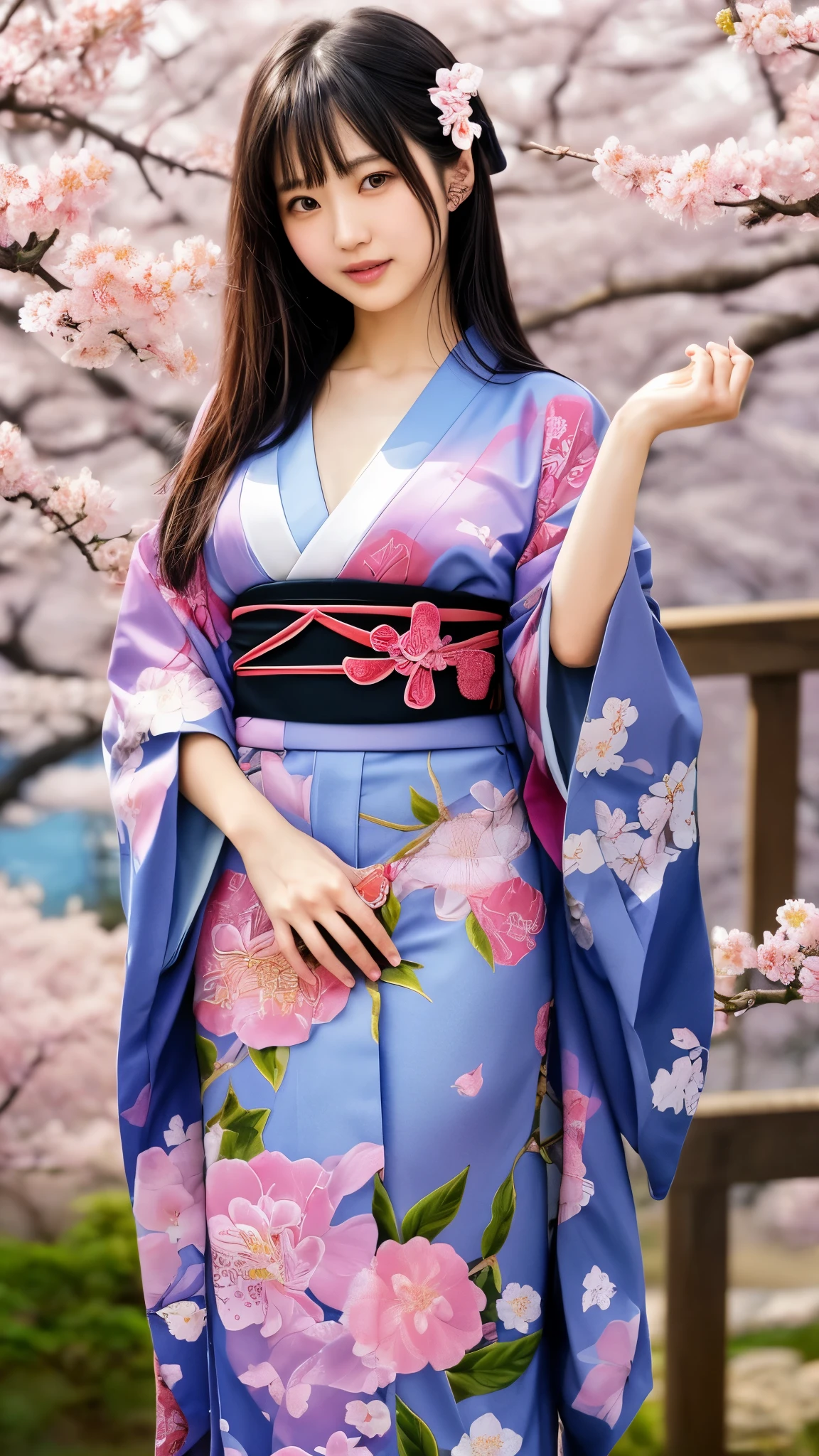 最high quality、high quality、best image quality、8K、最High resolution、High resolution、最high quality、masterpiece、Realistic human body in every detail、Realistic skin in every detail、Realistic face in every detail、Realistic eyes down to the details、Realistic lips in every detail、Realistic teeth in every detail、Realistic ears down to the last detail、Realistic hair down to the last detail、Realistic arms down to the last detail、Realistic reproduction of every detail、Realistic fingers in every detail、(fine hands、thumb1reference4)、Realistic feet in every detail、((beautiful japanese girl))、(japanese model), (japanese woman)、((18 year old beautiful girl))、(black hair)、(random hairstyle)、((whole body))、((beautiful upturned chest))、(slim style、slender style)、(whole body光沢肌、Fair skin)、soft natural light、geisha、country、Furisode、kimono、yukata、japanese traditional、Japanese garden、((Transparent see-through floral print(丈の短いkimono))、((Under the cherry blossom tree in full bloom(Pose that makes your thighs look beautiful))