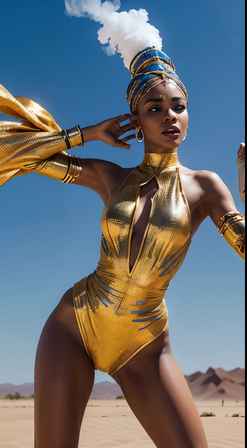 (african woman,Mechanical)dancer,strong,Excellent performance, Vibrant energy,Expressive movements,Unique costume design,Exquisite headwear,silver metal connector,Colorful pattern,stylized face painting,Striking pose,fluid lines,Enchanting,pose elegantly,desert background,,Sharp shooting angles,High contrast lighting,Flashing visuals,Digital projection,Multimedia elements,Spin props,Smoke effect,Slow-motion shots,Compelling storytelling.