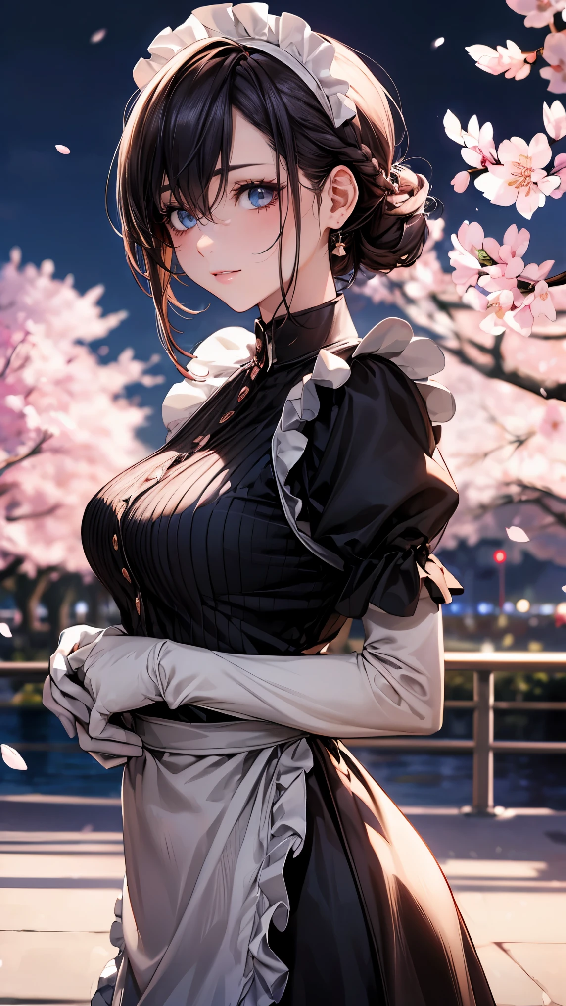 (masterpiece:1.2, highest quality), (realistic, photorealistic:1.4), beautiful illustrations, (natural side lighting, movie lighting), 
looking at the viewer, Upper body, (Front view), 1 girl, perfect face, Cute symmetrical face, shiny skin, baby face, long eyelashes, (large breasts), (wide hips),
beautiful hair, beautiful face, fine and beautiful eyes, beautiful body, beautiful breasts, beautiful thighs, beautiful feet, beautiful fingers,
(beautiful scenery),(cute smile:1.2, upper grade),female punk, apron, Black dress, blurry, blurry background, blurry foreground, blush, Braid, chest, Depth of the bounds written, dress, eyebrows visible through hair, frills, gloves, hair between eyes, indoors, jewelry, juliet sleeves, long sleeve, looking at the viewer, maid, maid apronl, maid headdress, plump sleeves, short hair,  White apron、statue idol、expensive、(punk style:1.5),(Cherry blossom trees),(night:1.5),(light up:1.5),(moon),outdoor,far and near method,(cherry blossoms:1.5)