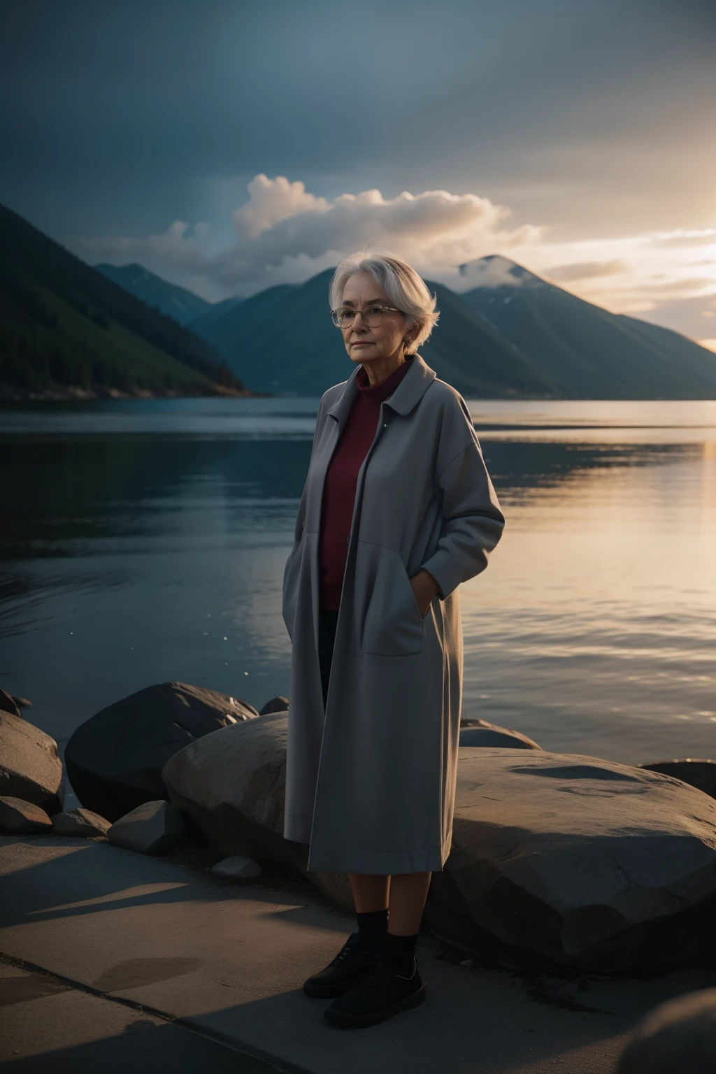 Sowell Bay, Washington, 2023. An old ((((70-year-old)) Tova Sullivan)), norwegian woman, at the acuarium, night cleaner,  ((((clothings from the 2020s)))), ((grey hairstyle of the 2020s))