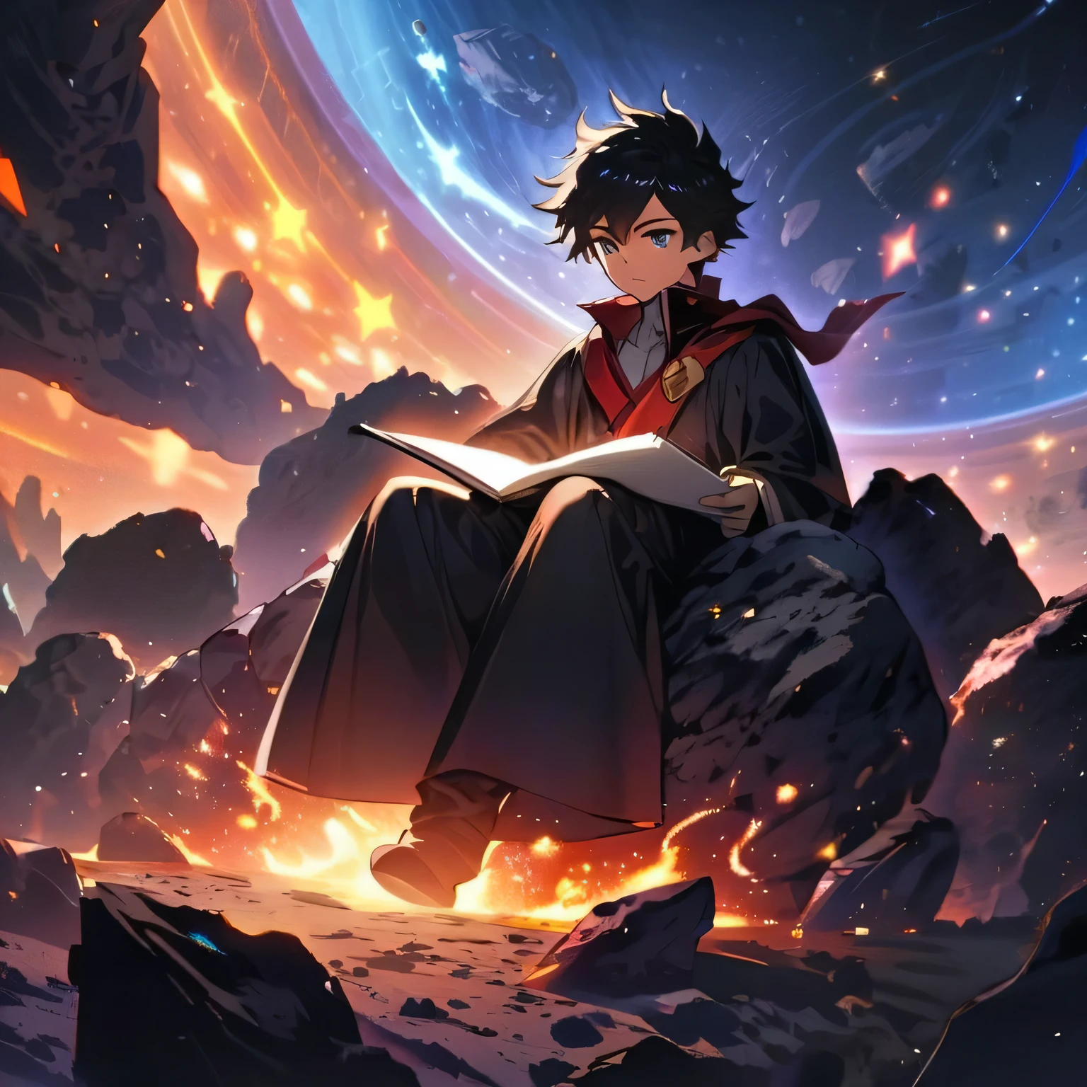 Draw a young boy mage, sitting on a research platform floating in the middle of an asteroid belt. He is studying with a notebook, surrounded by several asteroids glowing with fiery auras. Dramatic lighting from distant stars and planets illuminates the scene, casting deep shadows on the suit. The young man looks confident and determined, looking at the vast and mysterious universe with wonder and respect,facial hair, cowboy shot,