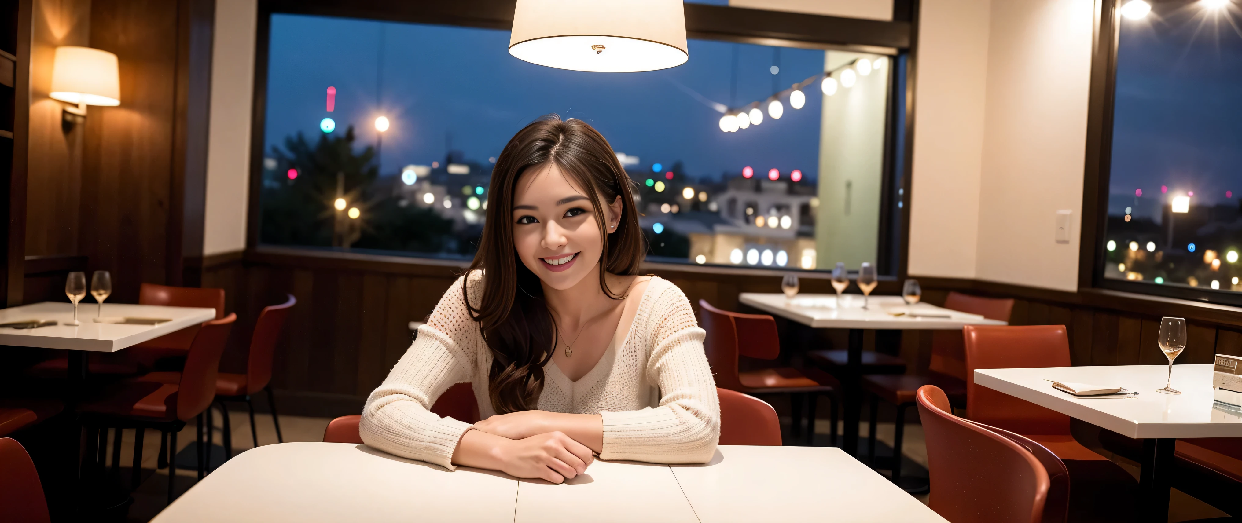 K, Hmm, highest quality, masterpiece: 1.2), (realistic, photorealistic: 1.37), Super detailed, 3 slim beauties, (slim face),Happy、 the best smile、Fox face、Berry Short、(because I&#39;thin), (brown hair), (shortcut), long sleeve shirt、winter fashion、Colombian、Brazilian、Japanese、Dutch、German、Portuguese、Belgian、Italian、French,Champagne、sparKling wine、 (gush out), (slim body), (brown hair), (shortcut), neat beauty、cheeKs turn a little red, (42 years old), 38 years old, alone, A beautiful and detailed night view spreads out outside the window...., restaurant, wine glass is sitting, At night, in a prominent place (from the Upper body) nova frog style, actress, model, Upper body, White wine, slim, wine glass, Very beautiful night view, wine glass Put in the Middle, Happy smile, (smile: 1.15), 