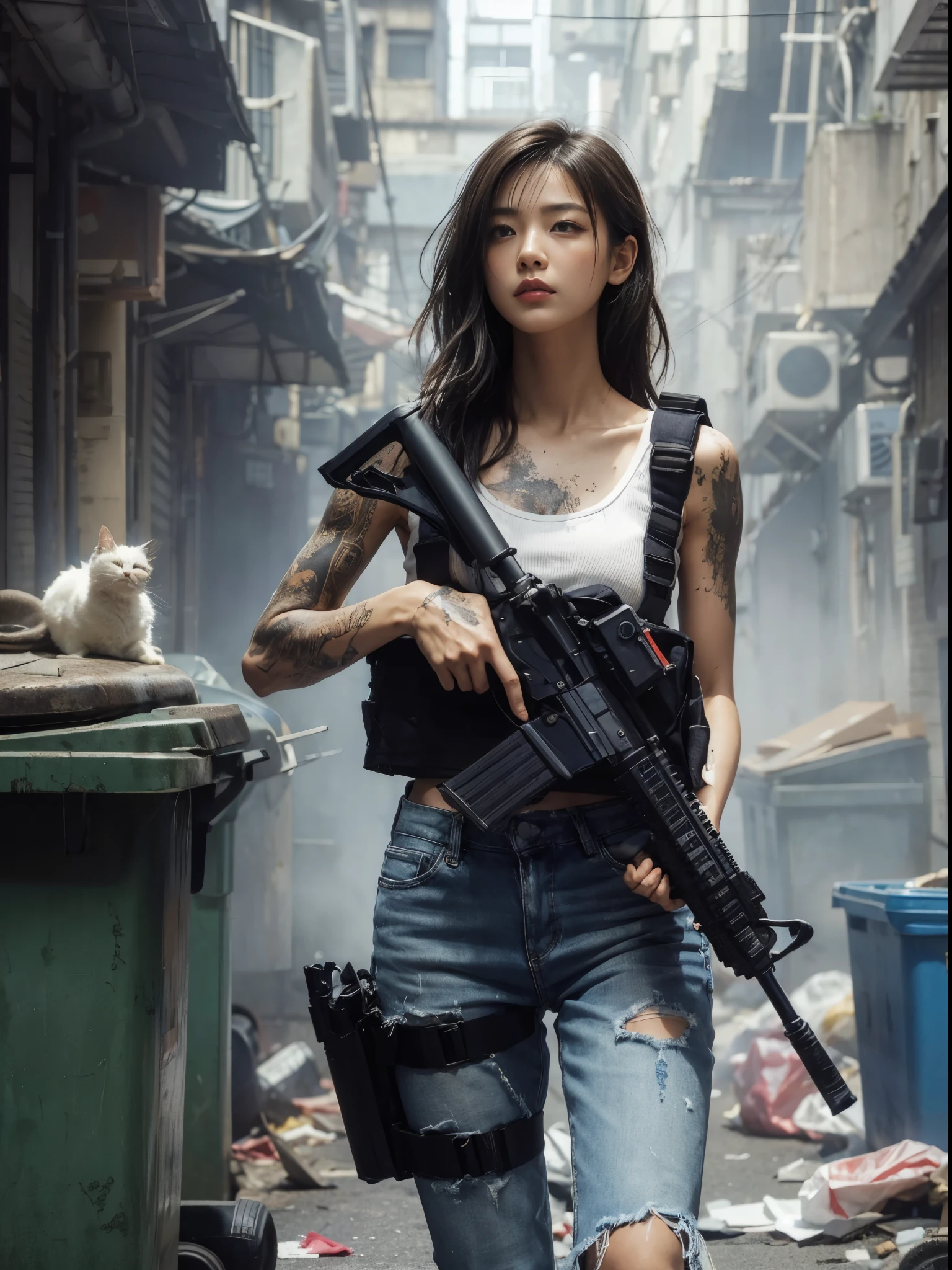  ８K,realistic photo、realistic skin texture、Beautiful Japanese women living in America、back alley in the city、garbage scattered on the street、Garbage can、stray cat、dirty shirt and jeans、nike air force 1 sneakers、bulletproof vest、automatic rifle、short cut hair、urban warfare、involved in an incident、Counterattack begins、It is dirty、moving action pose、、Dramatic and bold composition、Half body、muscle、Zoom out、fiction、Bird&#39;s-eye view