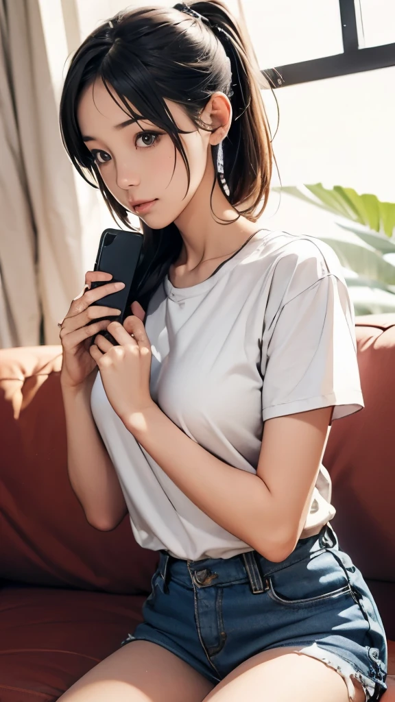 1 girl、A girl wearing headphones is sitting on the sofa and looking at me、black hair ponytail、Idol level cuteness、A kind look、Accurately depicted faces、slender、healthy thighs、Holding your smartphone in your right hand、put on headphones、T-shirt、shorts、Room wear、Casual sitting on sofa、anatomically correct、precise fingers、exact limbasterpiece、photorealism、