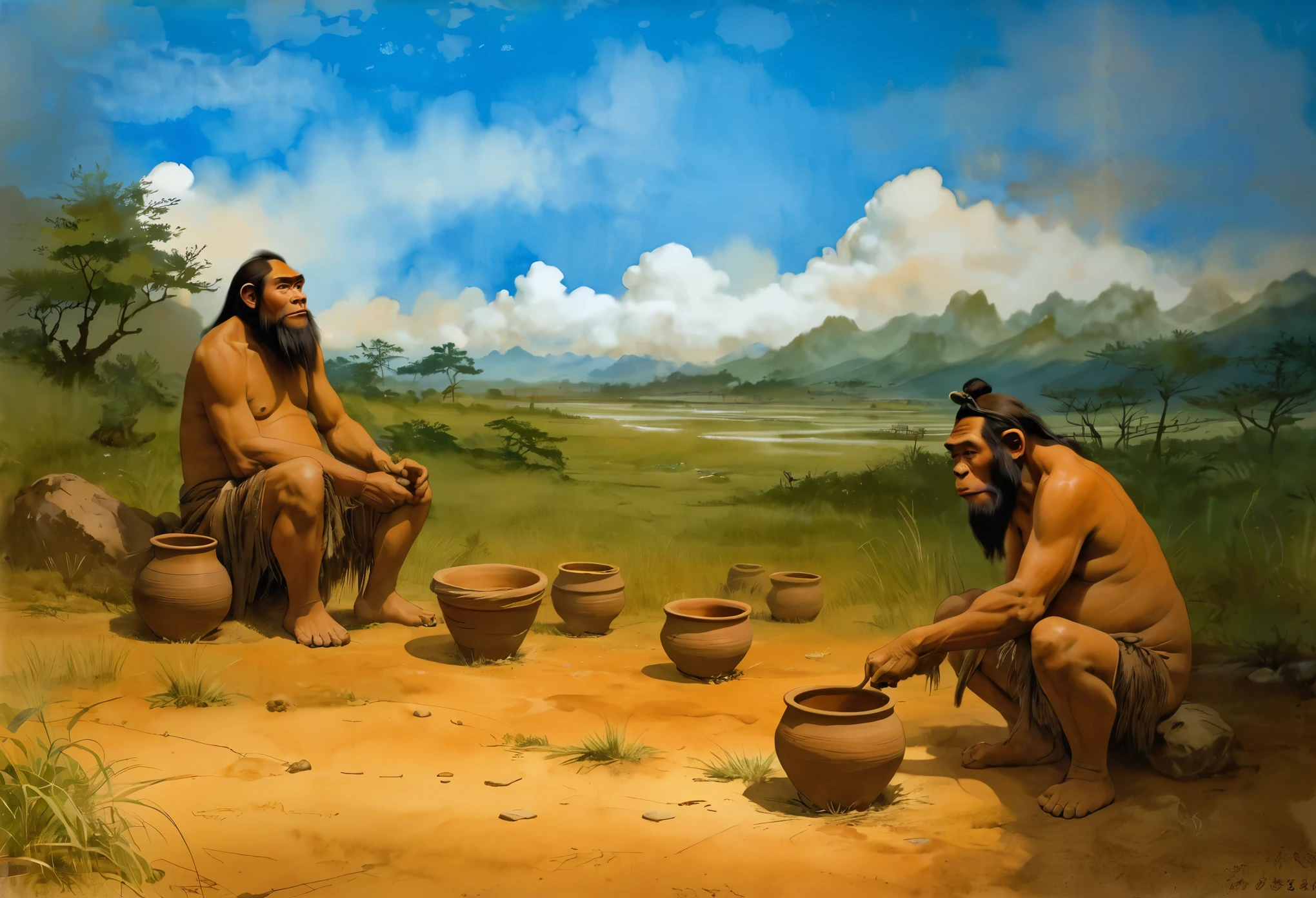 (hominid:1.4)，（10个primitive：1.3）prehistoric environment，There are some clay pots on the ground，brown pottery，prehistoric art，Painting on pottery，（一群的primitive：1.4）grassland，（Squatting and making clay pots，primitive：1.5），（primitive坐着在劳作，背景是grassland，Neanderthal crafts）author：Randolph Caldecott, (watercolor painting, masterpiece, line art, illustration art, Professional line art, Super complex and detailed, Chinese painting，8K:1.3)