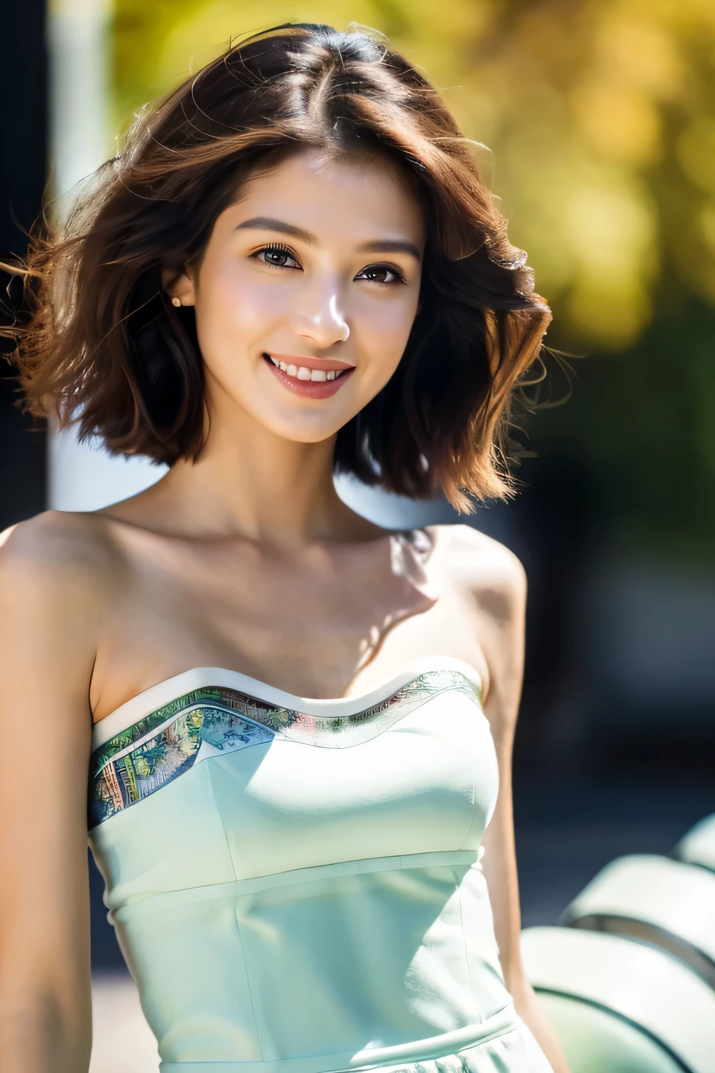((best quality, 8K, masterpiece:1.3)), focus:1.2, Beautiful woman with perfect body:1.4, raised buttocks:1.2, ((Cut hair into layers:1.2)), (medium tits),(tube top dress:1.5), Highly detailed facial and skin textures, delicate eyes, double eyelids，whiten skin，long white hair,(Keep your mouth shut:1.3)，Smile