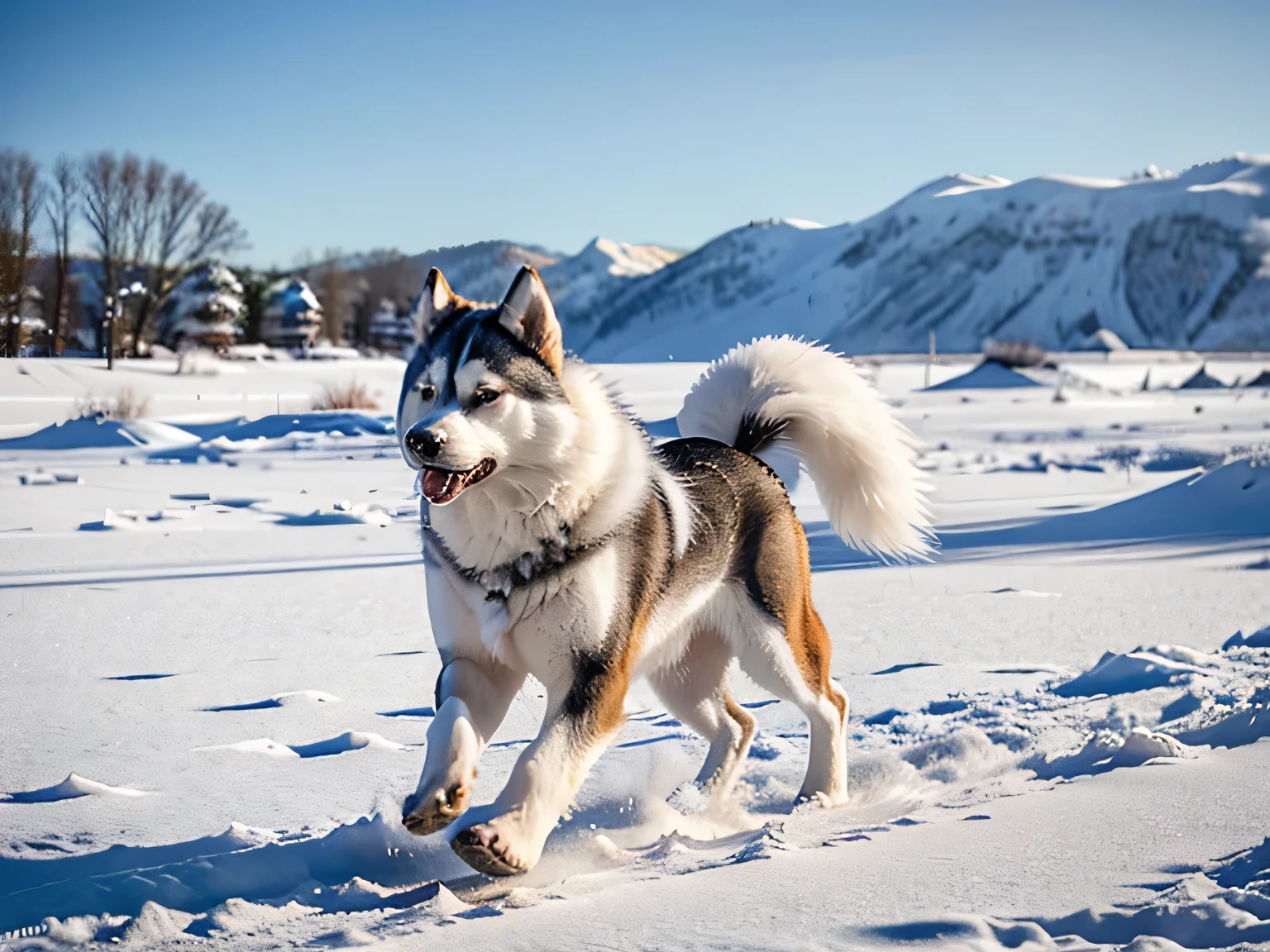 A regal Siberian Husky with a coat of snow-colored fur, blending seamlessly into the wintry landscape as it gracefully trots through the snow.