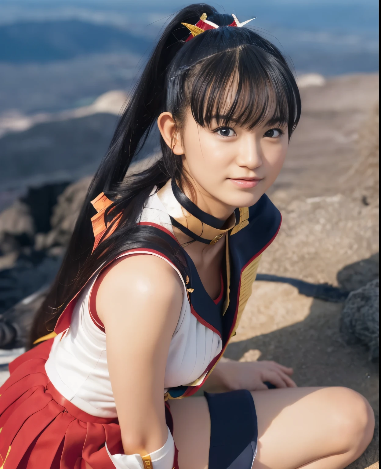 (highest quality:1.2),(perfect beautiful face:1.2),(perfect and beautiful posture:1.2),(japanese woman:1.1),ponytail, on the volcano, smile, Ultra-high precision photos,clear eyes, ((tsukino usagi:1.1), No sleeve, knee high socks)