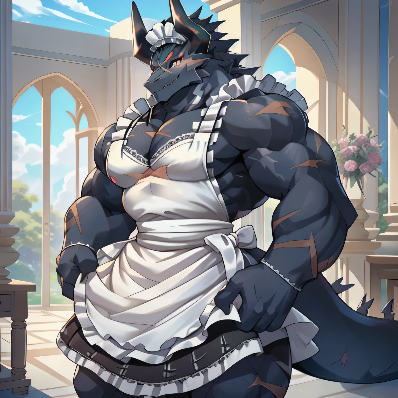 (black dragon),black fur, two colors, There are scars on the face, (muscular body:1.3), Handsome, OK,(There are scars on the face), (standing in the room),(Express),Inside the house,(Blue sky and white clouds),(There are scars on the face:1.2),look at screen,(dragon horn),(Dragon tail),perfect masterpiece,(16K),white belly,alone,((Strong)),(Wearing maid outfit),(full-body shot),Perfect proportion,front,Hold your chest with both hands,blush,(Wearing maid outfit:1.5),(hand:1.3),(Blush a little and breathe.:1.2),(imagine:1.2),(Wearing maid outfit:1.3),Strong,muscle,more details,CG