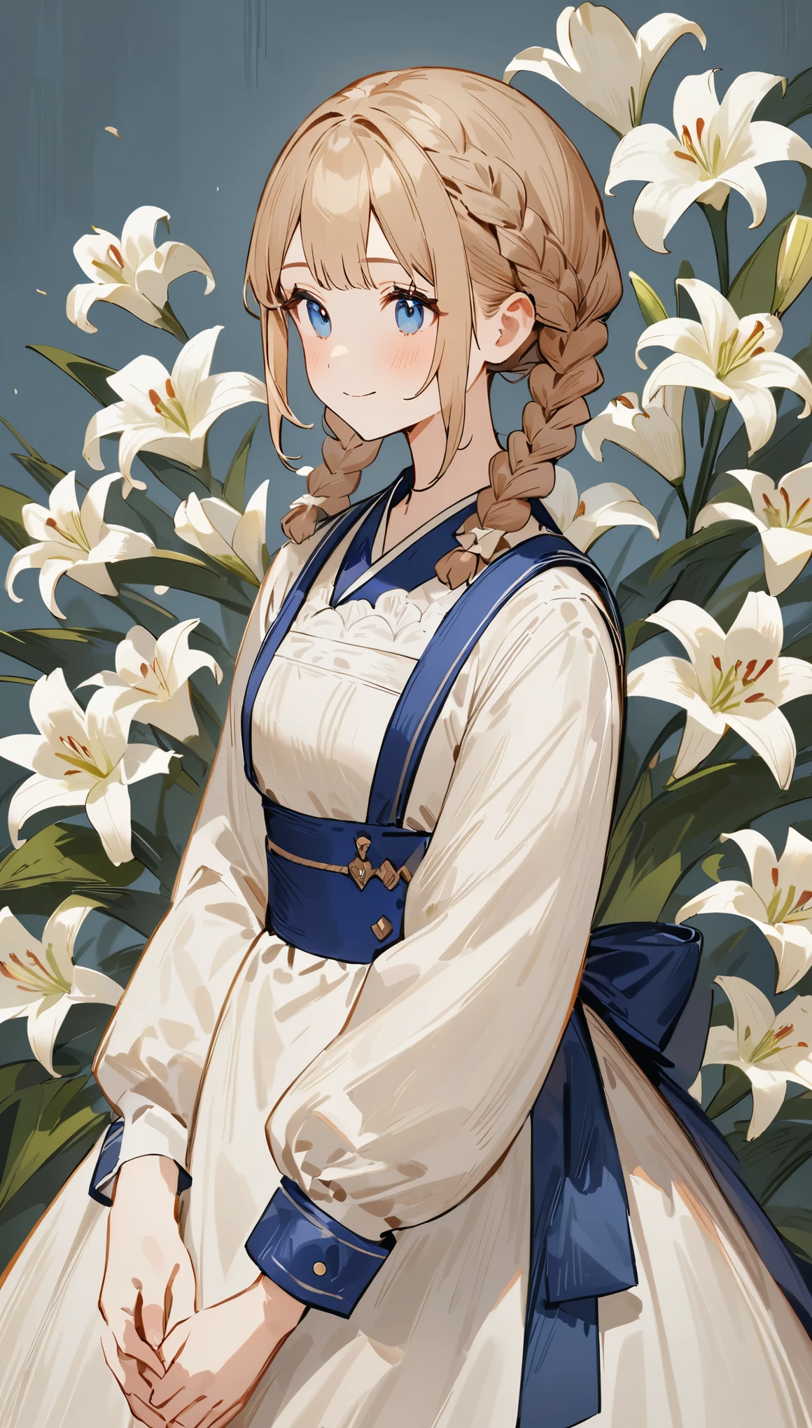 simple configuration、one girl、cute face、anatomy、painterly、delicate、An ennui look、French braids、carefully drawn hair、white costume、navy blue apron、delicateな描写、Gentle colors、Taisho Romance、White lily floral background、master piece、highest quality、ultra high resolution、official art、beautiful