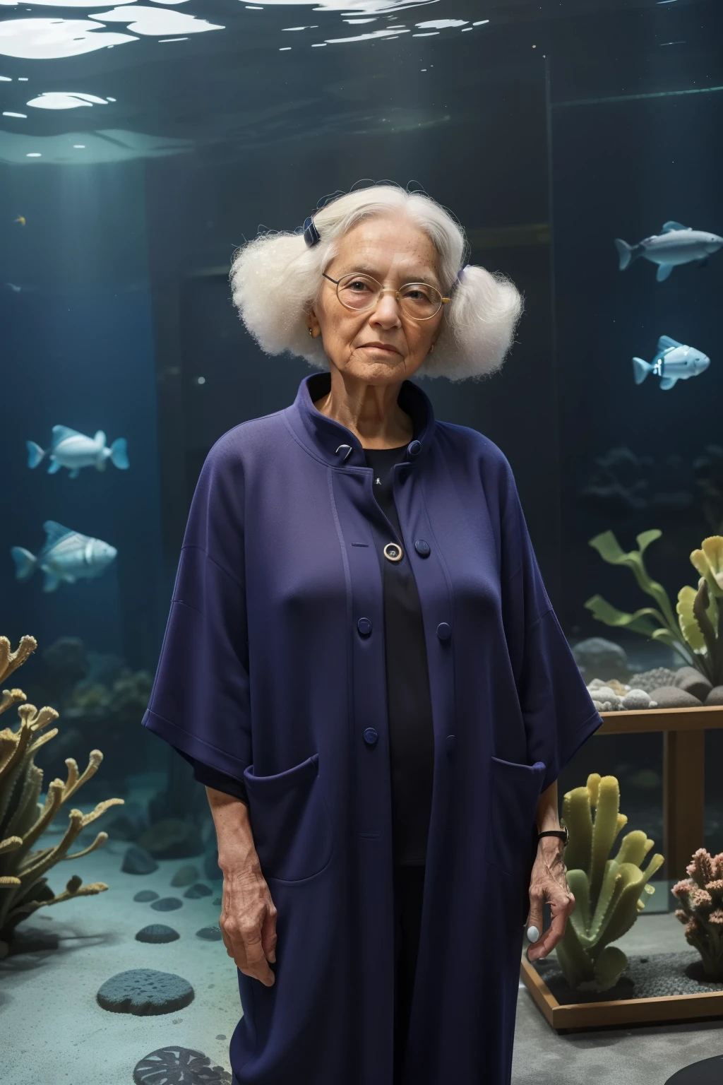 Sowell Bay, Washington, 2023. An old ((((70-year-old)) Tova Sullivan)), norwegian woman, at the acuarium, night cleaner, ((((clothings from the 2020s)))), ((hairstyle of the 2020s))