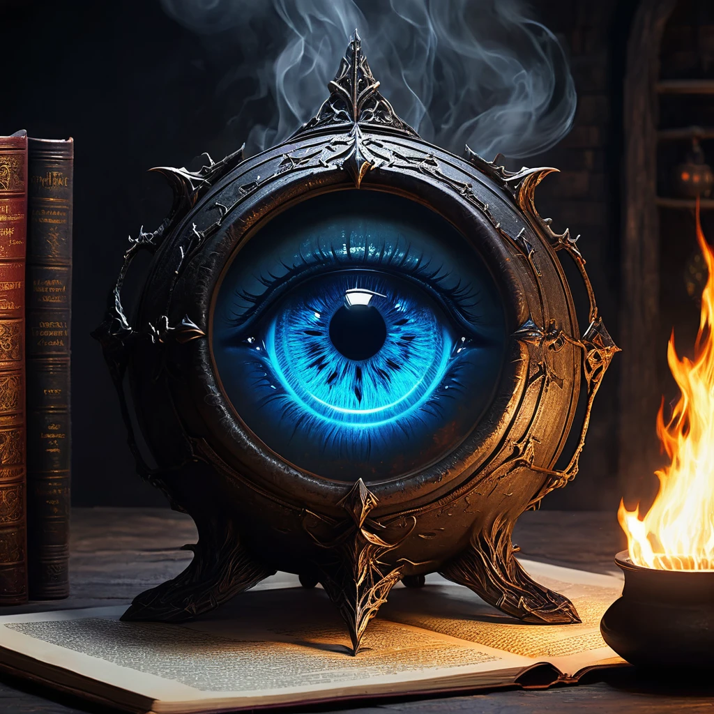 (best quality:1.2,ultra-detailed,realistic:1.37),monster,behemoth,demonic presence,magic,levitating cookbook,central eye, enormous eye,sinister,cauldron,fire,adventurers,caged,Dungeons&Dragons,menacing,shadowy,restrained,magical aura,creepy atmosphere,ominous,spellbound,mystical,enchanted,spell-casting,monstrous,dark fantasy,dimly lit,struggling,wizardry,unearthly,hovering,menacing presence,enchanting recipe,sorcery,spells,conjured,terrifying magics,runic symbols,mythical,mysterious,unleashing power