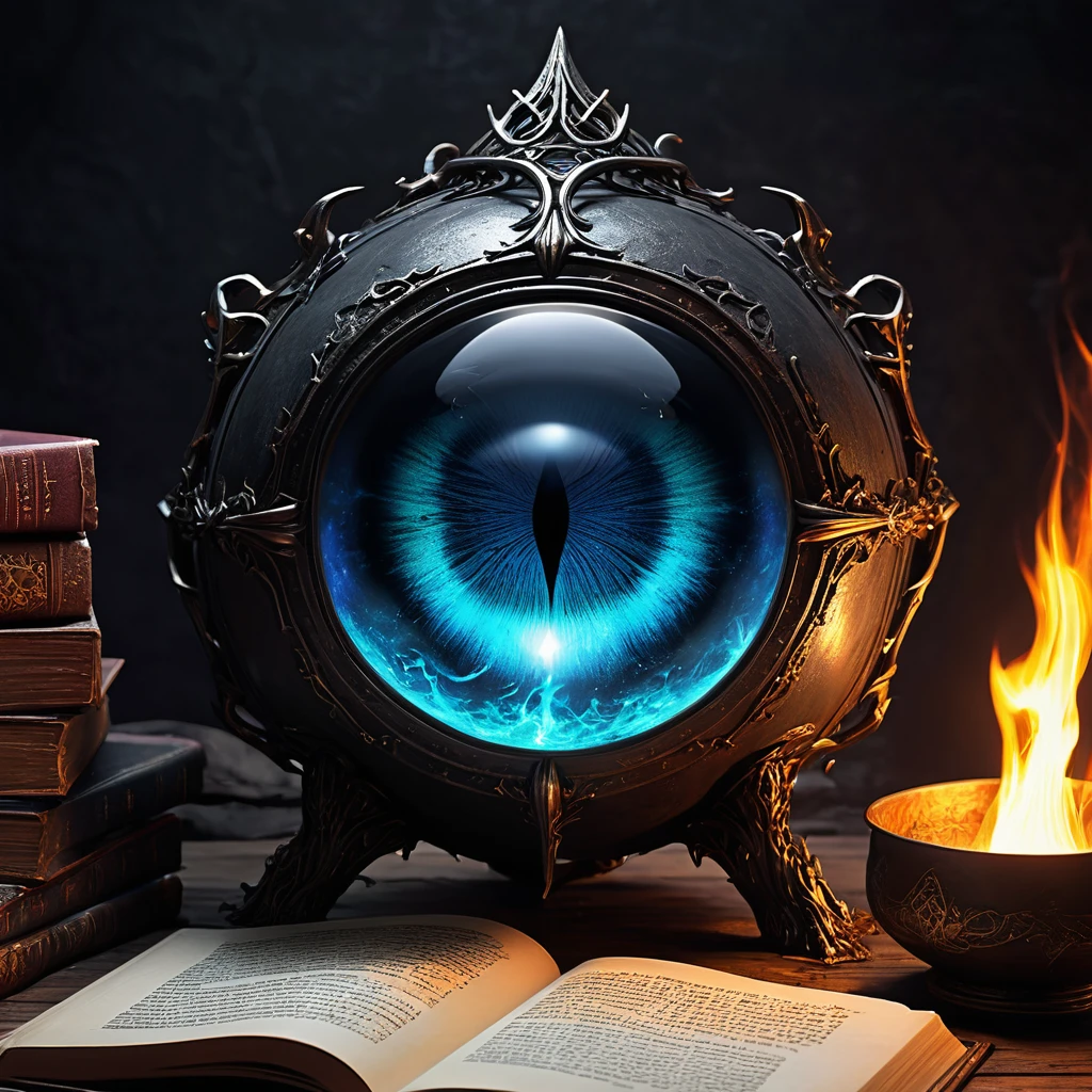 (best quality:1.2,ultra-detailed,realistic:1.37),monster,behemoth,demonic presence,magic,levitating cookbook,central eye, enormous eye,sinister,cauldron,fire,adventurers,caged,Dungeons&Dragons,menacing,shadowy,restrained,magical aura,creepy atmosphere,ominous,spellbound,mystical,enchanted,spell-casting,monstrous,dark fantasy,dimly lit,struggling,wizardry,unearthly,hovering,menacing presence,enchanting recipe,sorcery,spells,conjured,terrifying magics,runic symbols,mythical,mysterious,unleashing power