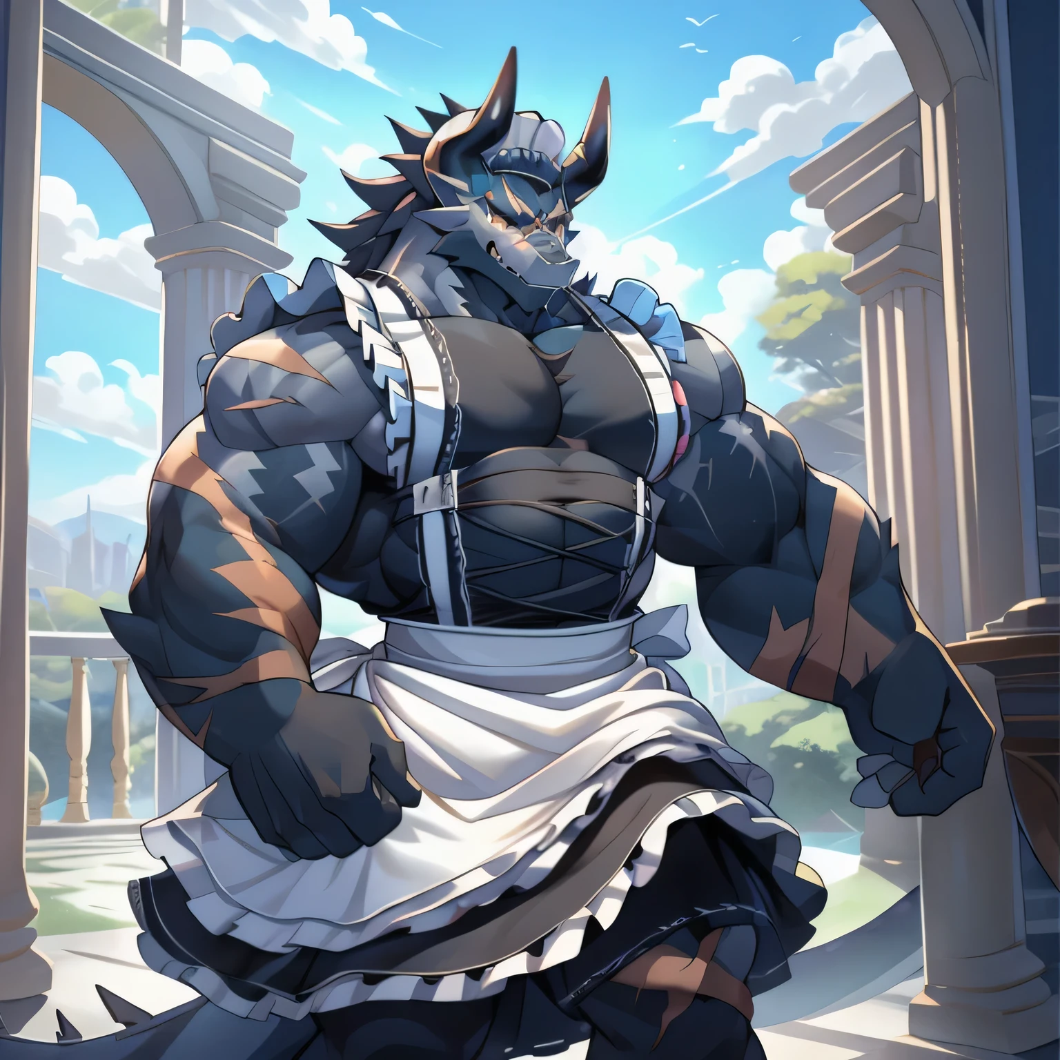 (black dragon),black fur, two colors, There are scars on the face, (muscular body:1.3), Handsome, OK,(There are scars on the face), (standing in the room),(Express),Inside the house,(Blue sky and white clouds),(There are scars on the face:1.2),look at screen,(dragon horn),(Dragon tail),perfect masterpiece,(16K),white belly,alone,((Strong)),(Wearing maid outfit),(full-body shot),Perfect proportion,front,Hold your chest with both hands,blush,(Wearing maid outfit:1.5),(hand:1.3),(Blush a little and breathe.:1.2),(imagine:1.2),(Wearing maid outfit:1.3),Strong,muscle,more details,CG