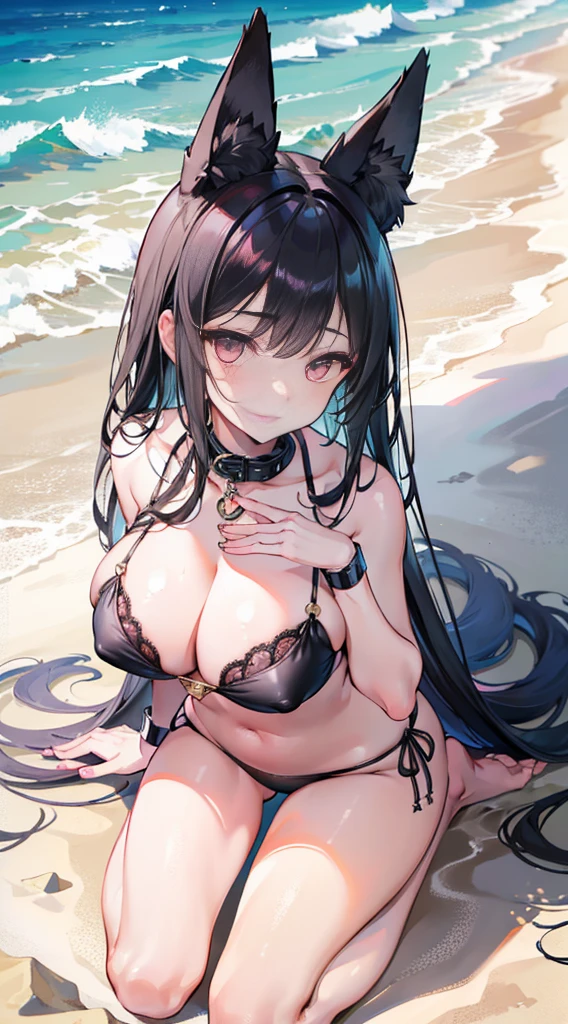 high quality, masterpiece, super detailed, 1 girl,Bottom view，extremely detailed faces, black lace bikini，handcuffs，collar，Calm expression,Smile，handcuffs，collar，Kneeling on the sand，long black hair, charming pink eyes, fox ears, Ridiculously big, shiny skin, beach，