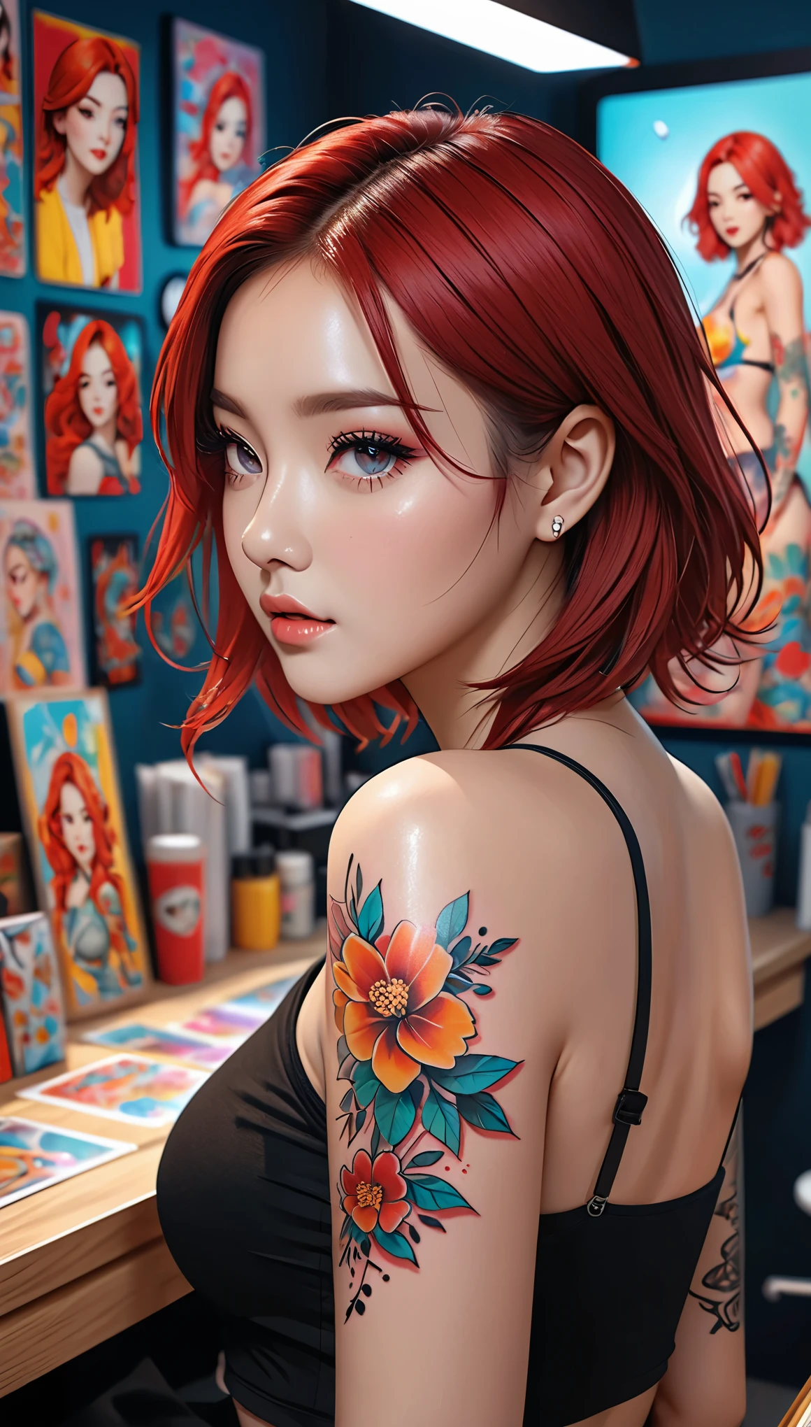 Style stickers, Stickers with white edges, fair shiny sticker, fair, tattoo vibe: My skin is stamped with my passion. Imagine a scene of a fair young woman, 25 years old, red hair with light highlights, There are tattoos on the skin, Bright color, Isometric background, Blurred background in tattoo studio, pop art station, 8K, Parse qlta masterpiece, Realistic photography, author:Alphonse Mochi, by wlop,