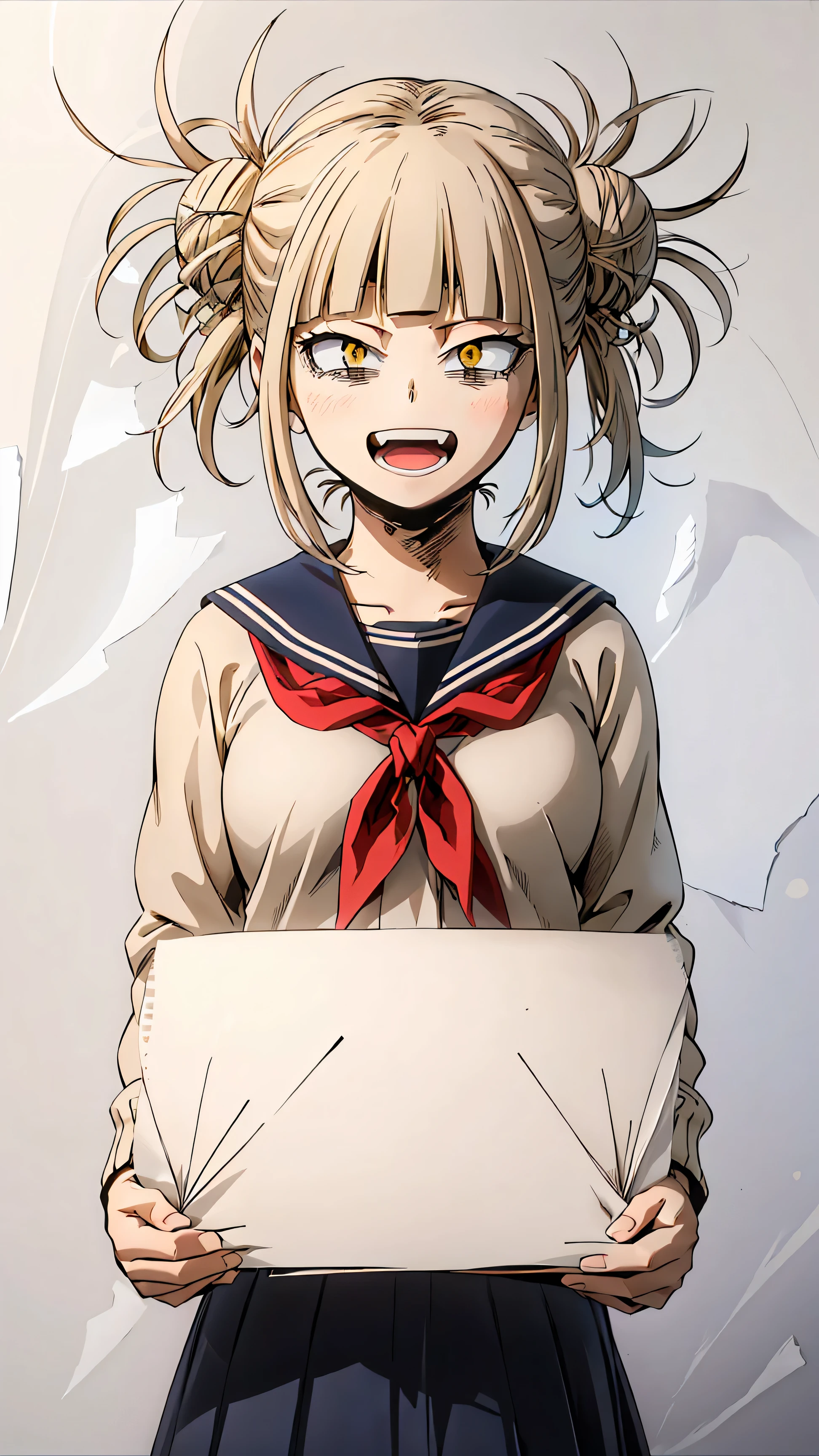 himikotoganova, (1girl, solo), (perfect eyes), blonde hair, double bun, messy hair, bangs, yellow eyes, serafuku, bags under eyes, smile, open mouth, blue skirt, long sleeves, looking at viewer, , red neckerchief, upper body (holding a blank paper viewing it to the viewer: 1.5) 