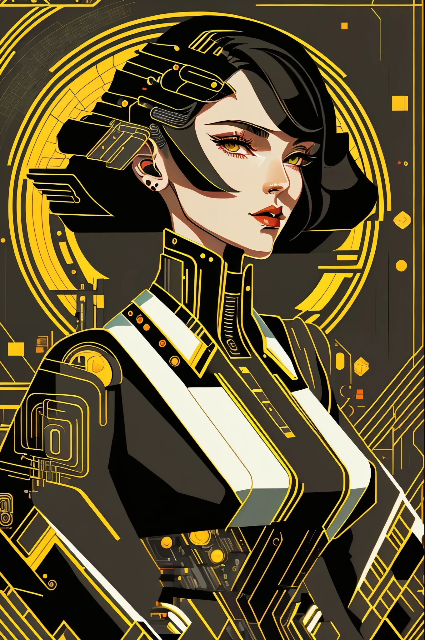 (masterpiece, 4k ,Super detailed,original photo:1.2),illustration,
(1 lady:1),
(simple background:black and background 1.4),
(symmetry:1.2),
(Art Deco:1.4),
(retrofuturism:1.4),
(Minimalism:1.4),
(Clean:1.4),
(flat_color:1.4),
(cyberpunk,Android:1.4),
CCDDA art style