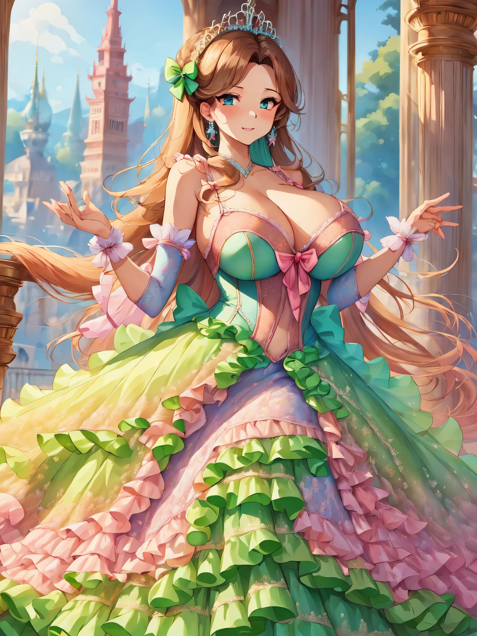 (shoujo-style:1.2),((anime artstyle)),(Masterpiece),(Best Quality), (Super Detail),(((Very Delicate and Beautiful))),Solo,full body,((full body portrait)),((1 bling-bling gorgeous princess in beautiful embroidery and bling-bling jeweled gorgeous rococo ballgown)),((((absurdly gigantic tits)))),(((cleavage,curvy))),Skindentation,detailed face and eyes,jewel-like eyes,((castle,outdoor)),((crinoline,long train)),gorgeous princess rococo ballgown with voluminous full length hoop skirt and long train,(((bling-bling gorgeous rococo ballgown with beautiful embroidery and bling-bling jeweled))),((large amount of straight hair, absurdly long hair,Very Long Straight Hair)),extremely gorgeousfull hair ornament,(bling-bling extremely gorgeousfull jeweled tiara),luxurious jewelry,full body,((bling-bling beautiful embroidery and bling-bling jeweled gorgeous rococo ballgown))