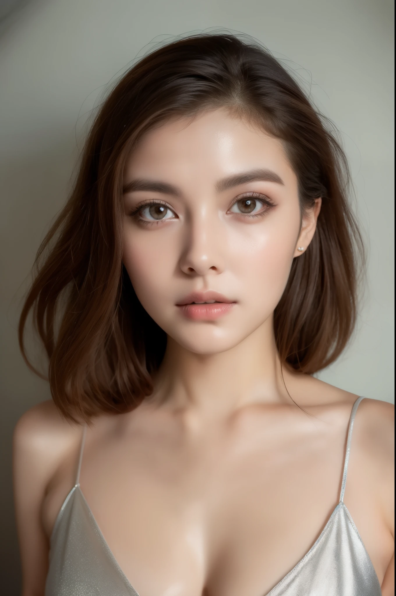 (8K, original photo, highest quality, masterpiece: 1.45), (actual, lively: 1.37),1 beautiful girl、 (reality: 1.4), Japanese、asian beauty、super beautiful、beautiful skin、thin、(upper body)、(super reality)、(High resolution)、(very detailed)、(Super detailed)、big eyes、brown eyes、long eyelashes、detailed face、gloss lip,bright lighting、professional lighting、looking at the camera、serious expression、look straight ahead、long hair、brown hair、Hotel、Nogizaka Idol、actress、20-year-old、big breasts、big breasts、wet skin、silver latex suit、cleavage cutout、baby face、Moisturized and realistic skin texture、moist lips、natural shadows、(arms up),nsfw,