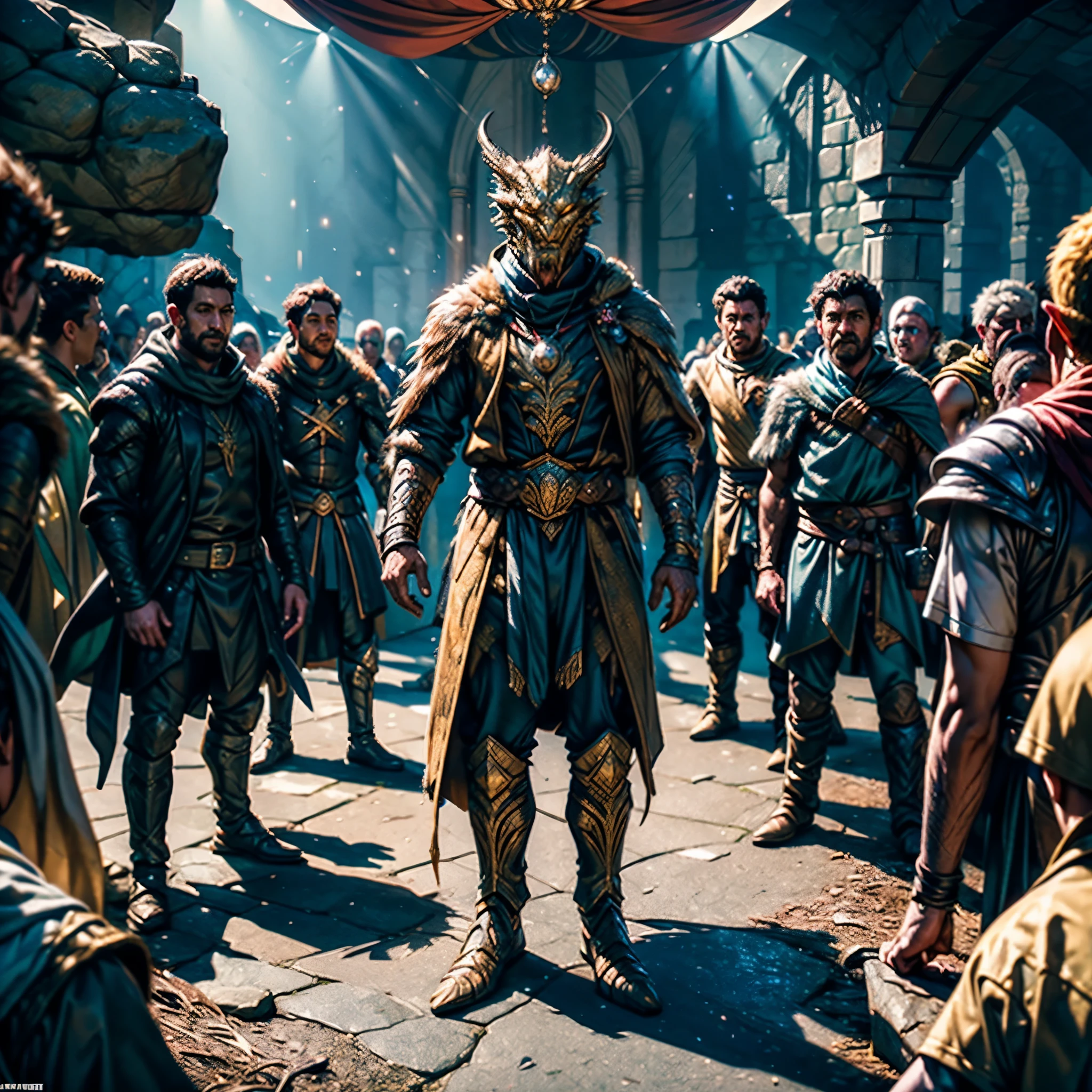 epic UnrealEngine5 "Dungeons & Dragons" a group of people, standing around the dragon in front of the castle equirectangular deep path symmetrical meticulous intricate details ultra sharp-focus, D & D roleplaying Dungeons & Dragons, dungeons and dragons fantasy art, Обои D&D арт, cover, D & D Фэнтезийное искусство, (epic top Masterpiece, ultra high-deails, ultra high-resolution, ultra high-definition, distinct_image, very elaborate CG cinematic_lighting ray_tracing drop_shadows (photorealistic: 1.4), ultra high-quality textures fine-grained, varied multi etc. --v6 --s1000 --c20 --q5 --chaos100
