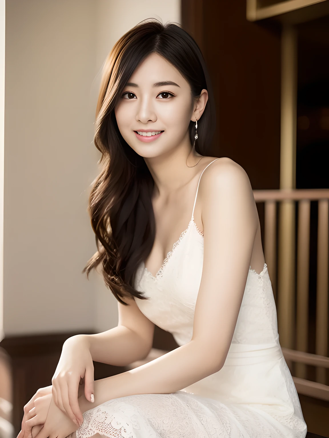 ((best quality, 8K, masterpiece, Photorealistic: 1.3)), japanese beautiful girl, 18yo,super beautiful, beautiful skin, sweet smile, pure desire, slender body, (front), (tilted head), ((looking at camera) ), wearing a lace dress,silky hair, round black big eyes, clear big eyes, moist red lips, sweet, sitting in a cafes, Upscale European cafes background , whole body,