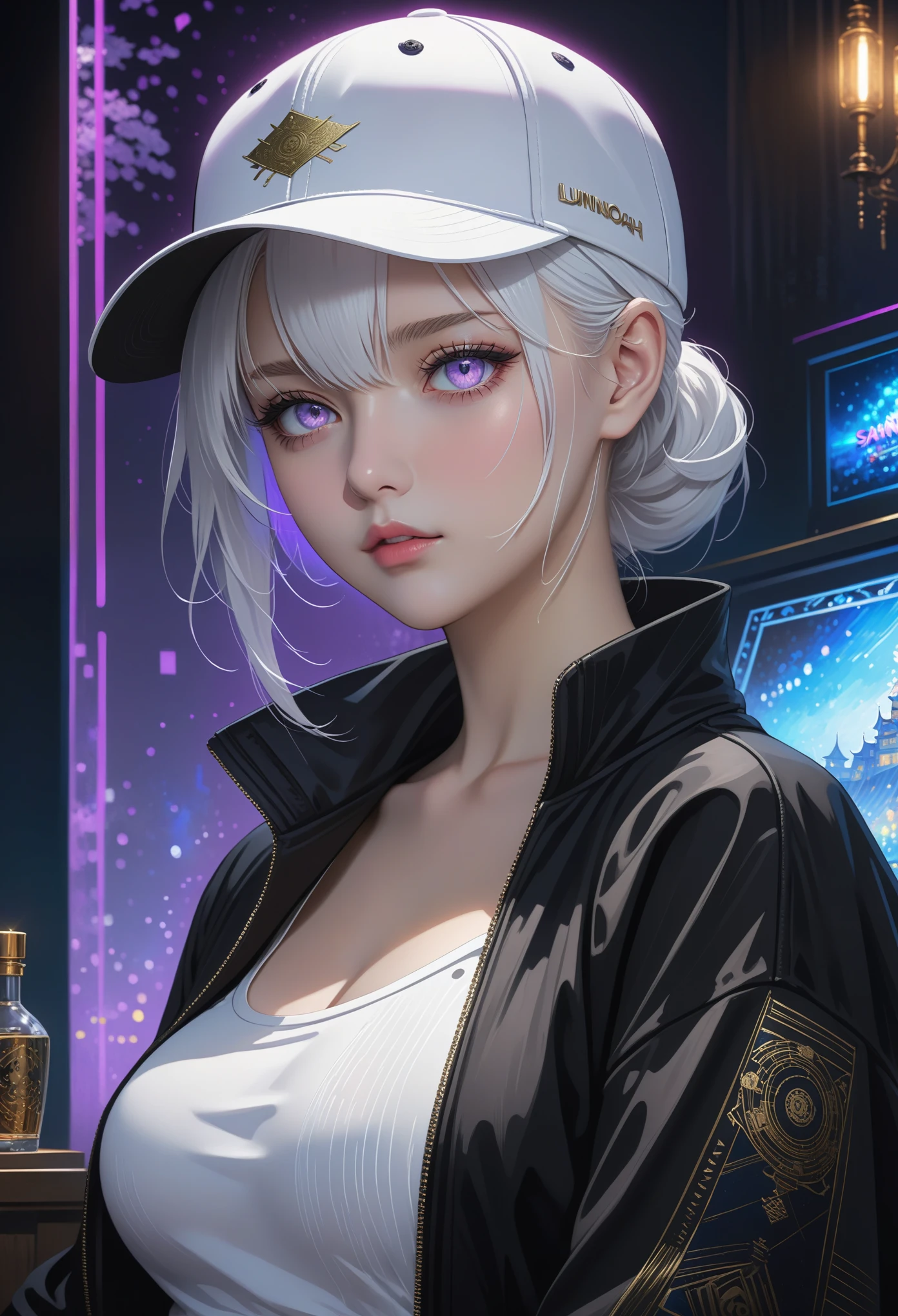 masterpiece, best quality, 4K, ultra high definition, Sansho Castle, , beautiful eyes and delicate face, illustration, Beautiful detailed, high resolution illustration, luminescent_white_particle, 1 girl, white hair, lilac eyes, hair covering one eye, short side details, baseball cap,Poker face, curtain, black jacket, Chest equipment, cyberpunk, technical clothing,(Impressionism:1.4), Vincent - Van Gogh