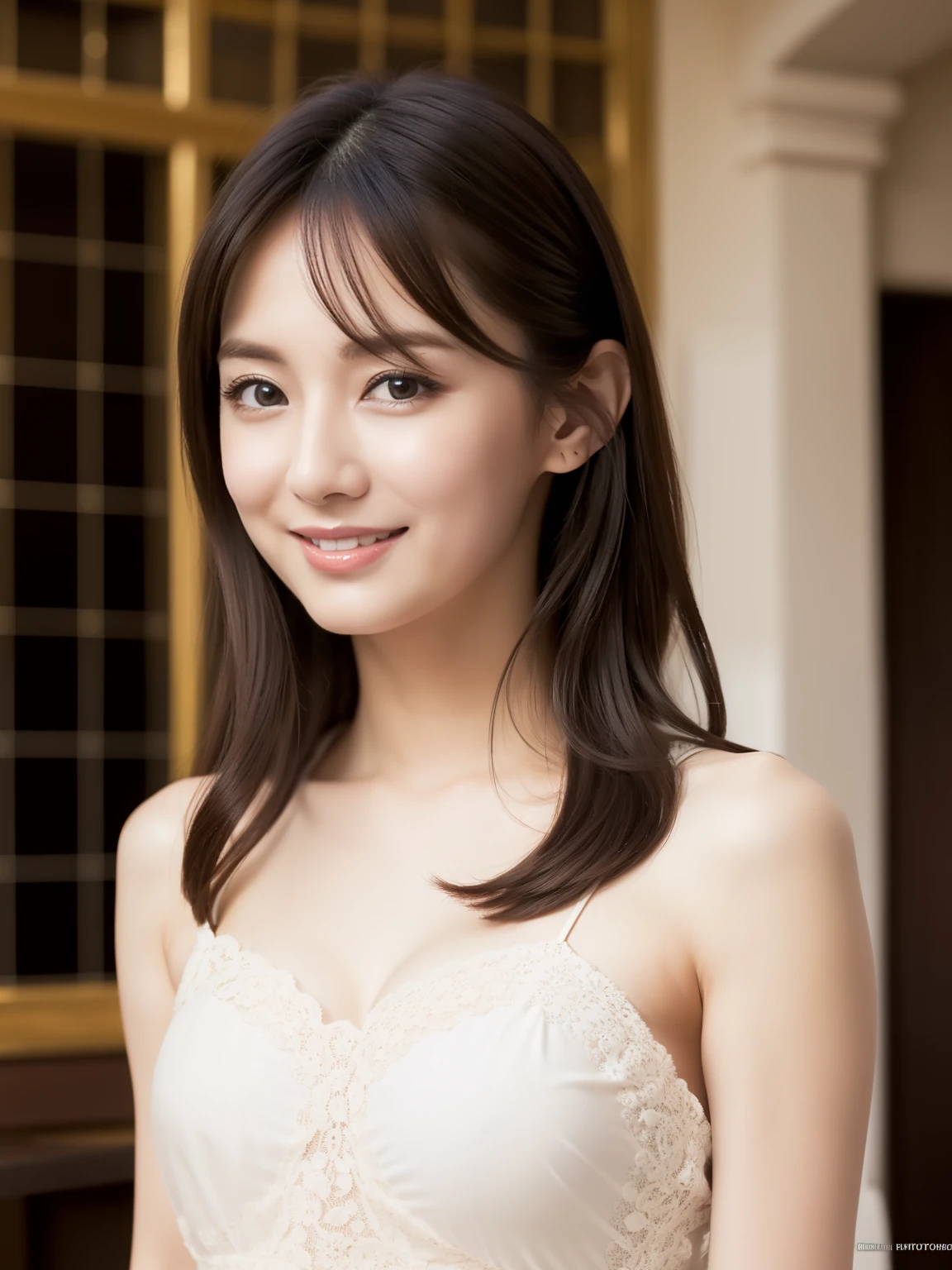 ((best quality, 8K, masterpiece, Photorealistic: 1.3)), japanese beautiful girl, 18yo,super beautiful, beautiful skin, sweet smile, pure desire, slender body, (front), (tilted head), ((looking at camera) ), wearing a lace dress,silky hair, round black big eyes, clear big eyes, moist red lips, sweet, sitting in a cafes, Upscale European cafes background , whole body,