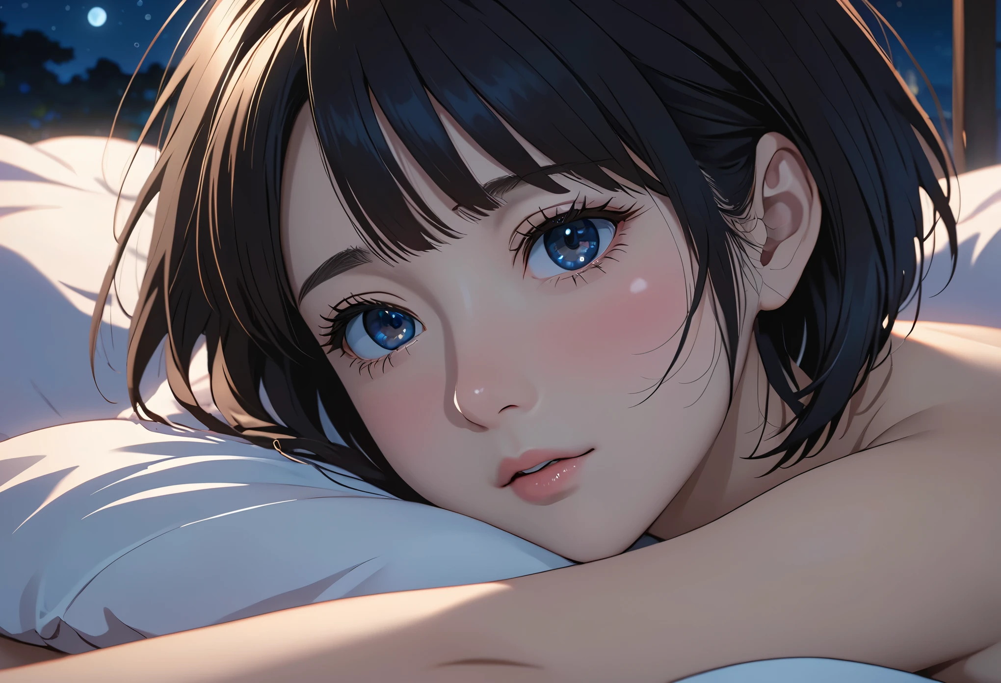 masterpiece, High resolution, illustration, kyoto animation style, Your name is cinematic style, night, midnight, Light, (1 female: 1.3), (alone: 1.4), long eyelashes, short bob, nose blushing, futon, lying down, naked, face close-up, Hide with hands胸部, Hide with hands,