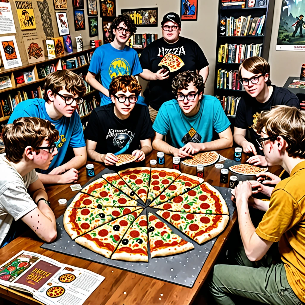 6 nerds, teenage boys(disheveled, loose clothes with pizza stains, some acne), sit around a table that has a DM screen, battle map, miniatures, dice, books, and everyone has a character sheet