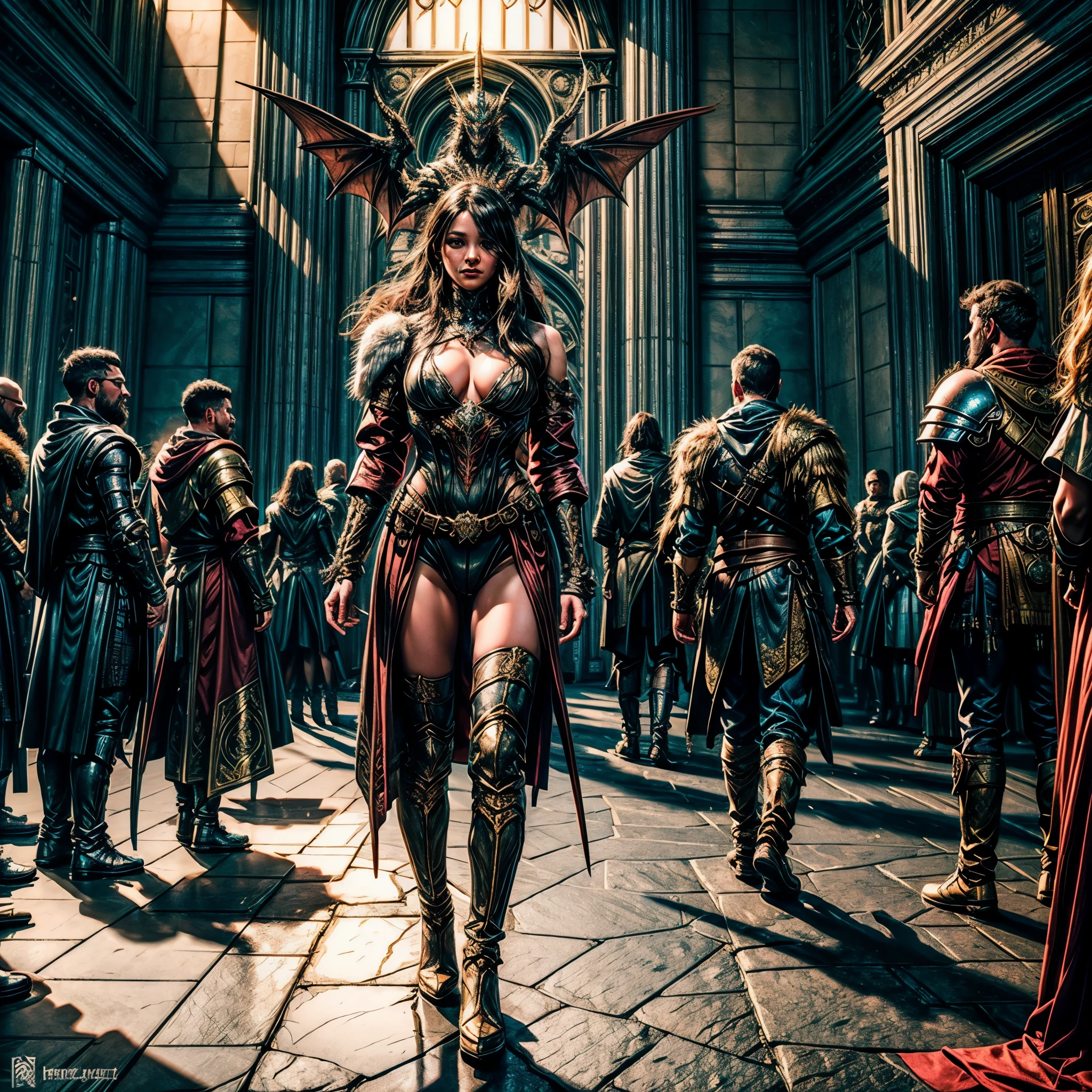 epic UnrealEngine5 "Dungeons & Dragons" a group of people, standing around the dragon in front of the castle equirectangular deep path symmetrical meticulous intricate details ultra sharp-focus, D & D roleplaying Dungeons & Dragons, dungeons and dragons fantasy art, Обои D&D арт, cover, D & D Фэнтезийное искусство, (epic top Masterpiece, ultra high-deails, ultra high-resolution, ultra high-definition, distinct_image, very elaborate CG cinematic_lighting ray_tracing drop_shadows (photorealistic: 1.4), ultra high-quality textures fine-grained, varied multi etc. --v6 --s1000 --c20 --q5 --chaos100
