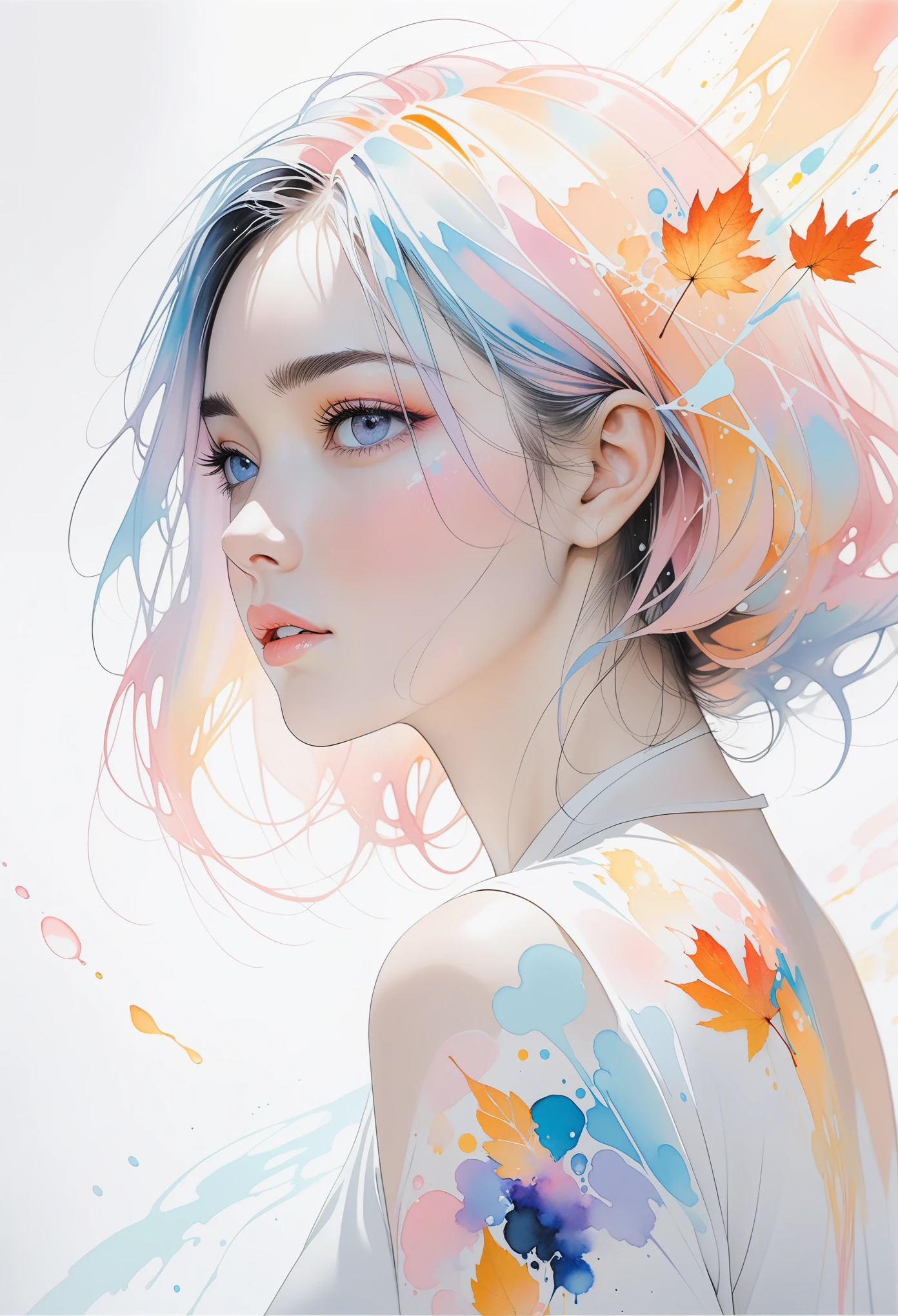 Women and Agnes Cecile, Luminous design, pastel colors, ink drop, autumn lights