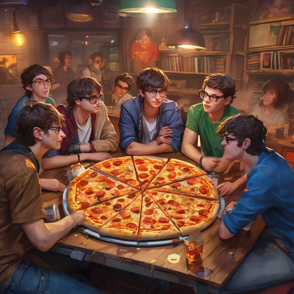 6 nerds, teenage boys(disheveled, loose clothes with pizza stains, some acne), sit around a table that has a DM screen, battle map, miniatures, dice, books, and everyone has a character sheet