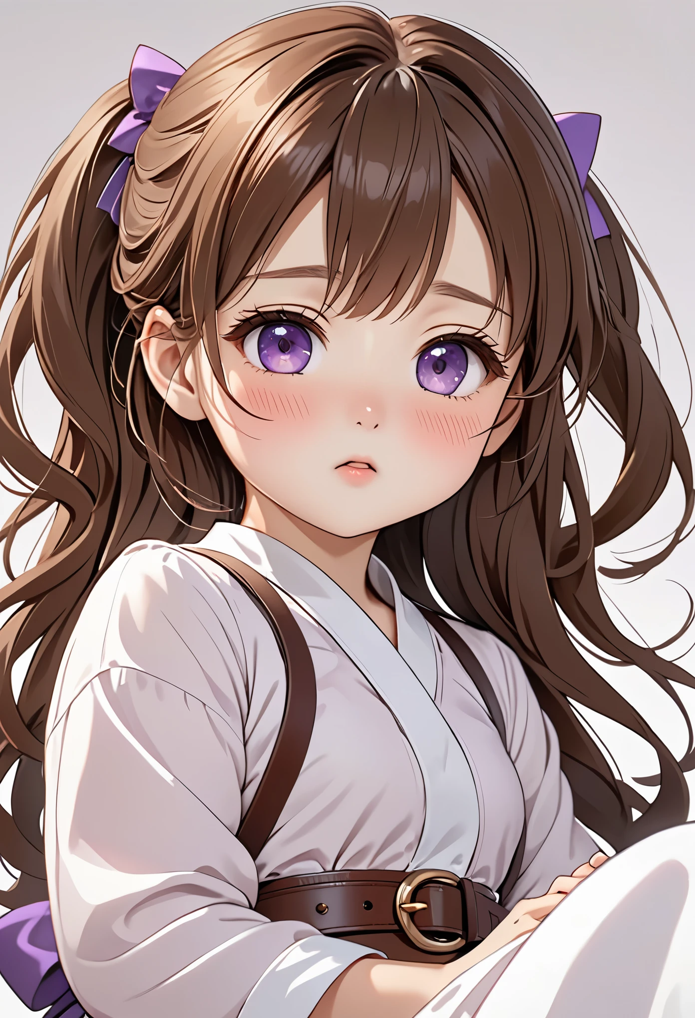 (1 girl), masterpiece, best quality, Super exquisite illustrations, a very cute little girl, Highly detailed beautiful faces, looking at the audience, 1 girl, belt, close up, looking at the audience, 4K, high resolution, ribbon, wild misunderstanding, blush, View, double ponytail hair, White background, Simple background, thick outline, purple eyes, (sleep), brown hair, chibi, expression of love,  ((brown hair)), (Blood),