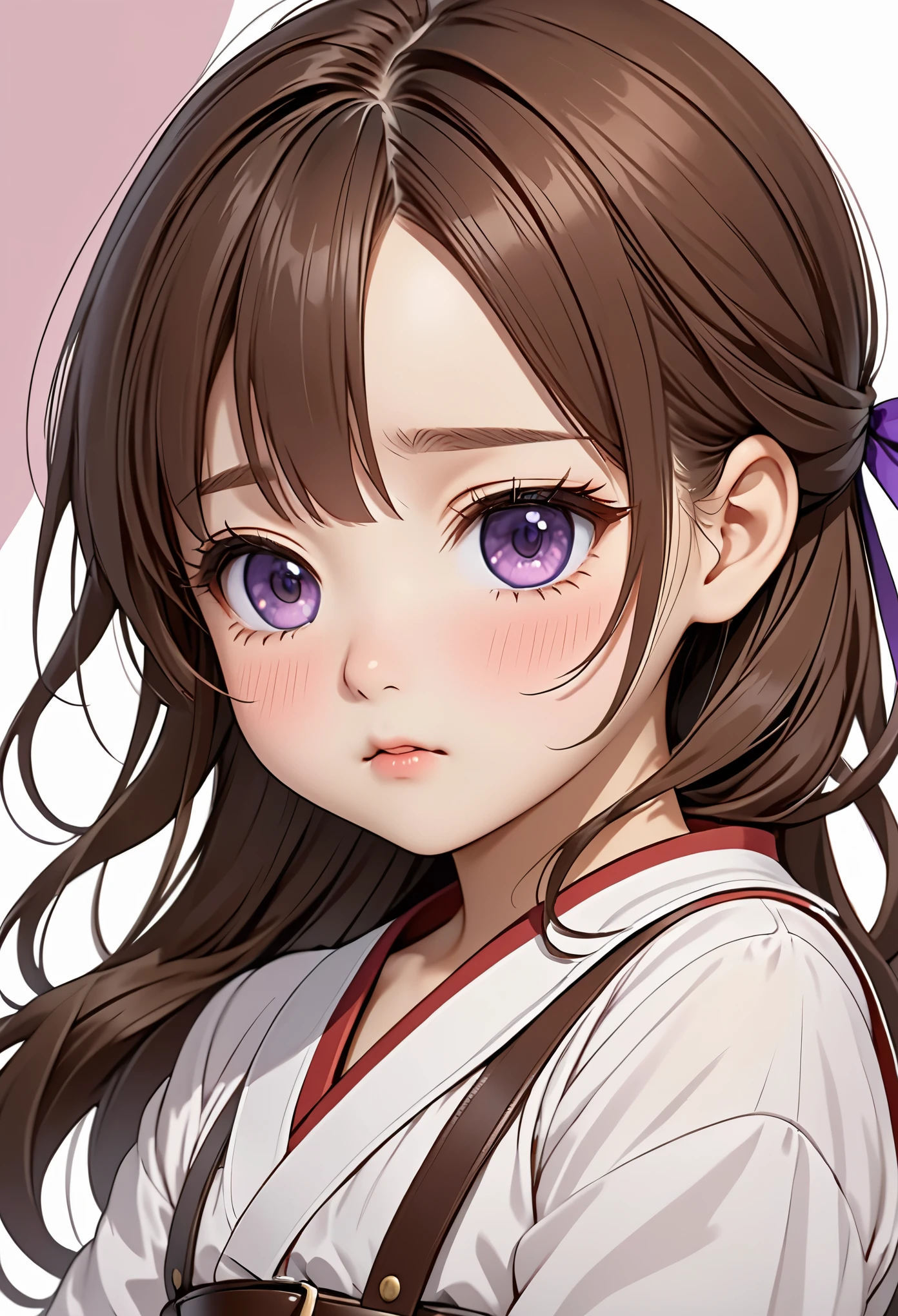 (1 girl), masterpiece, best quality, Super exquisite illustrations, a very cute little girl, Highly detailed beautiful faces, looking at the audience, 1 girl, belt, close up, looking at the audience, 4K, high resolution, ribbon, wild misunderstanding, blush, View, double ponytail hair, White background, Simple background, thick outline, purple eyes, (sleep), brown hair, chibi, expression of love,  ((brown hair)), (Blood),